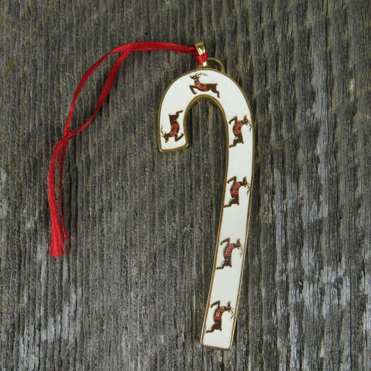 Candy Cane Reindeer Ornament Wallace Enameled Christmas 1999 Gold White Metal - At Grandma's Table