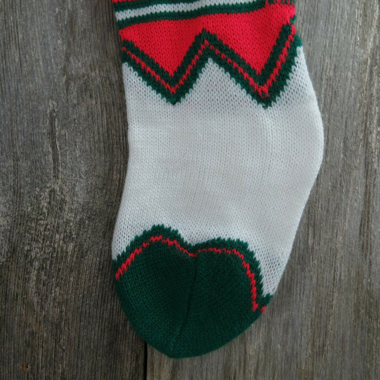 Vintage HO HO HO Stocking Knitted Knit Green Red Heart Christmas Pom Pom - At Grandma's Table