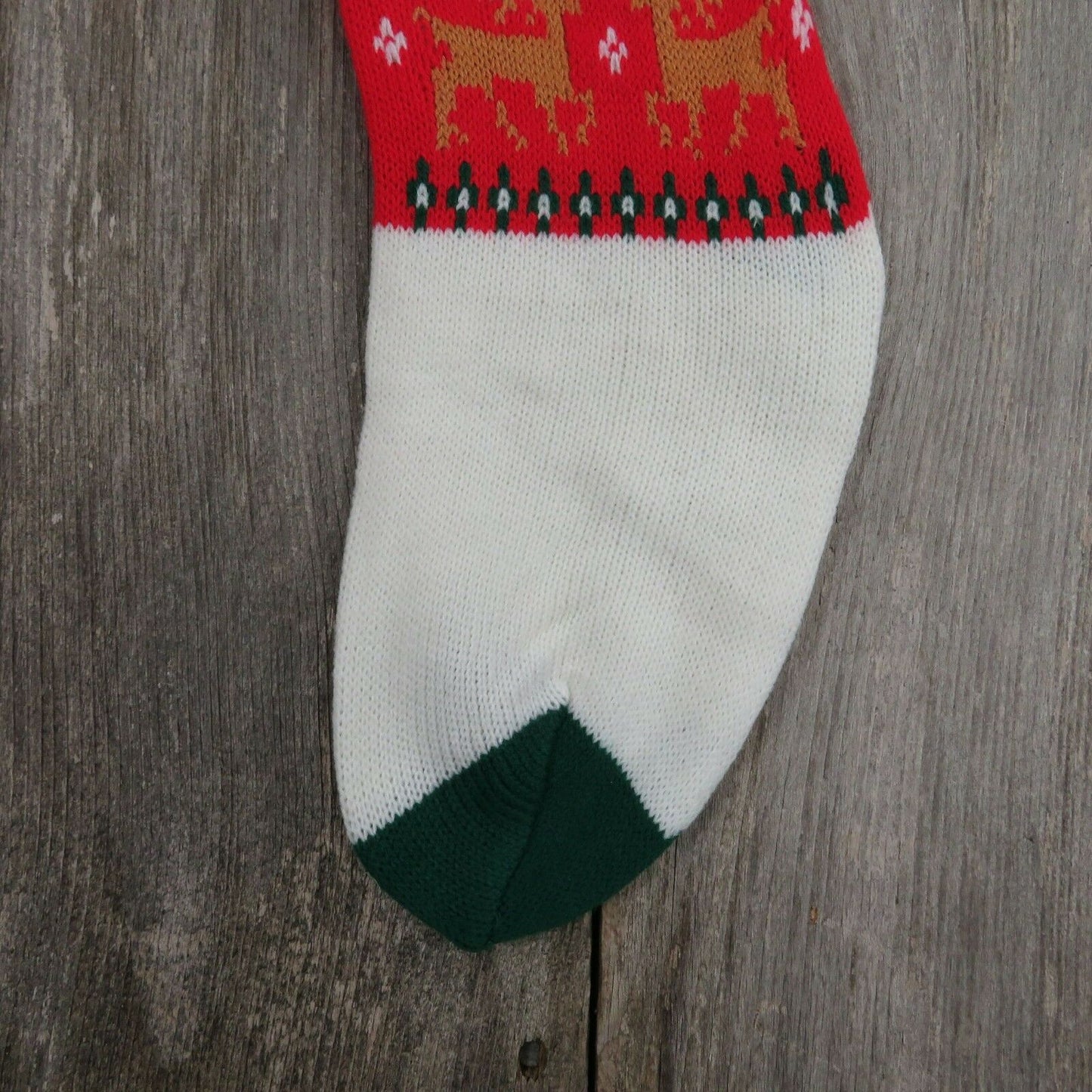 Vintage Stocking Knitted Knit Night Before Christmas Tree Reindeer Red White - At Grandma's Table