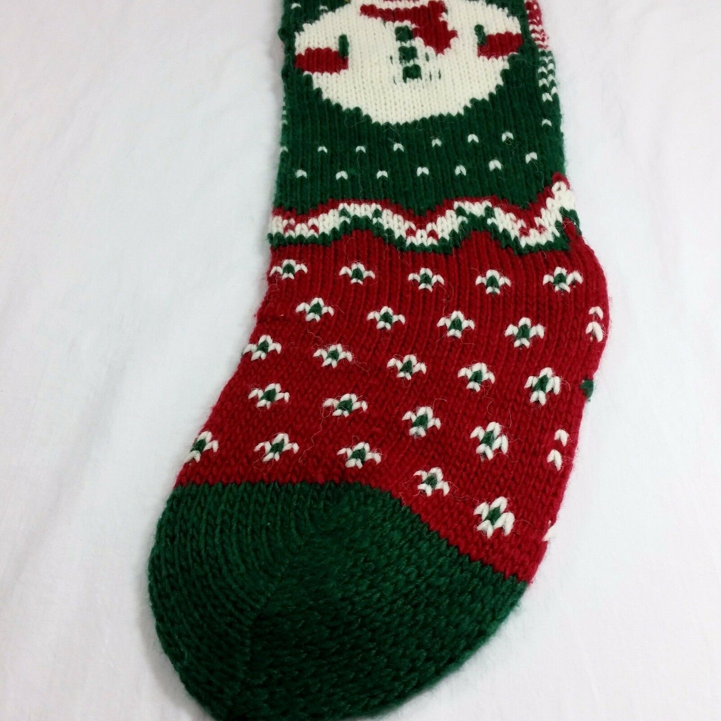 Vintage Snowman Stocking Knit Christmas Pom Pom Fuzzy Red Green White - At Grandma's Table