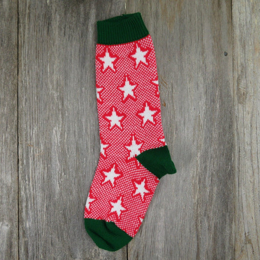 Vintage Christmas Stocking Stars Knitted Knit Green Red White Large ST36 - At Grandma's Table