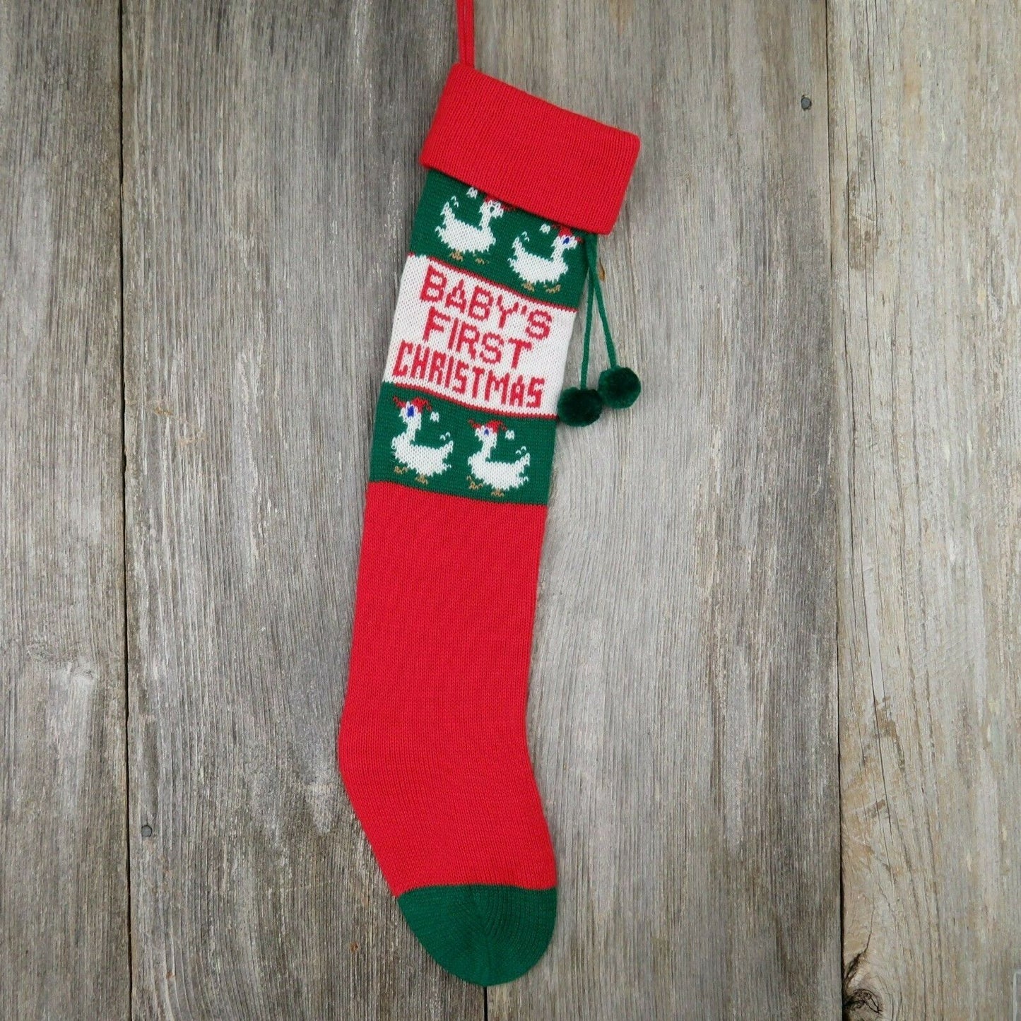 Vintage Christmas Stocking Baby First Goose Knitted Knit Green Red Geese ST38 - At Grandma's Table