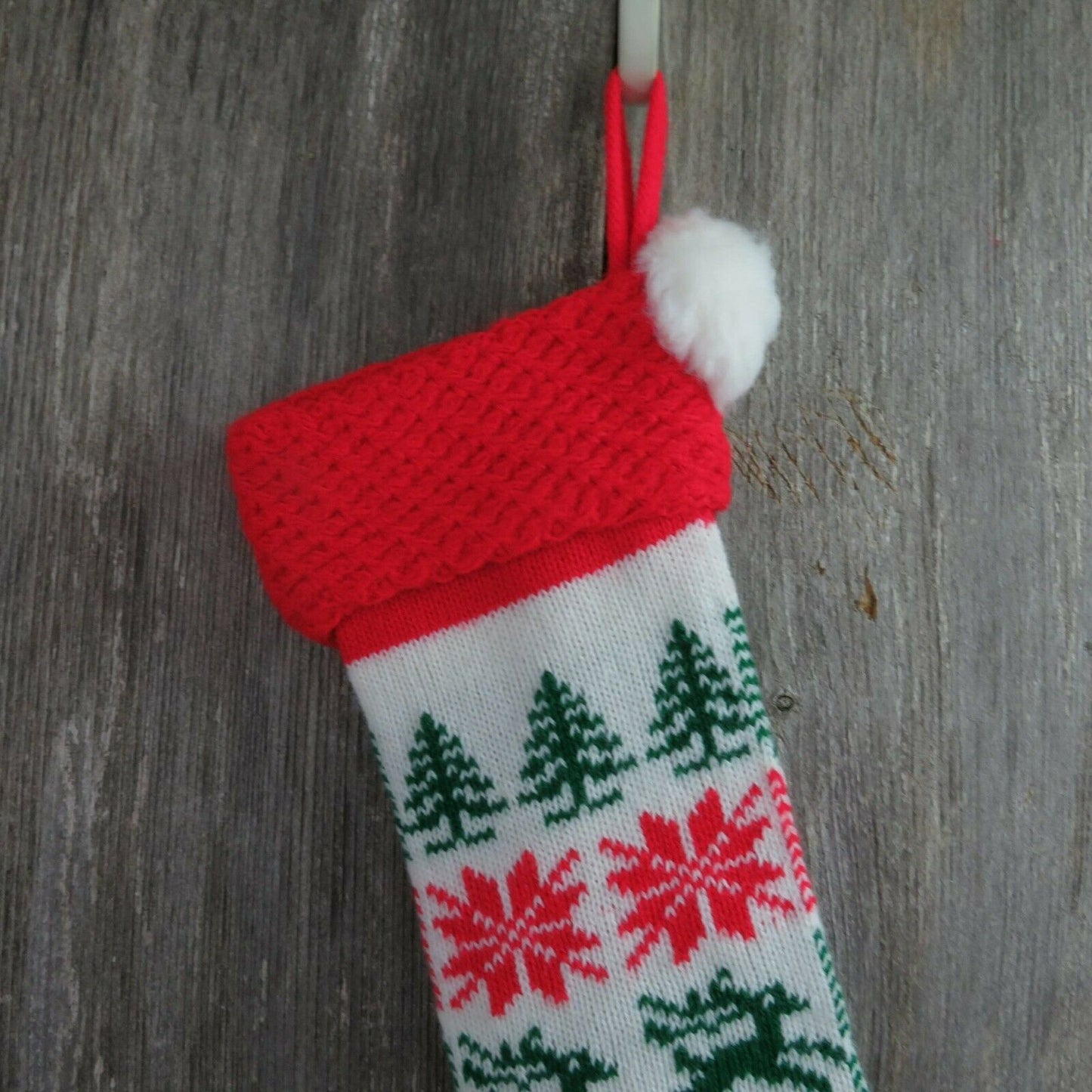 Vintage Stocking Knitted Christmas Knit Tree Snowflake Reindeer Green Red White - At Grandma's Table