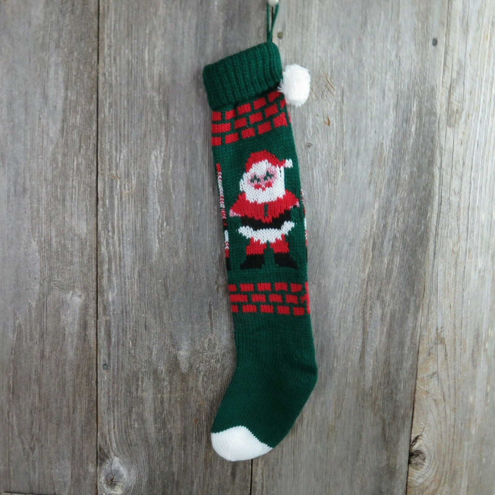 Vintage Santa Claus Stocking Knitted Knit Green Red White Christmas Pom Pom - At Grandma's Table