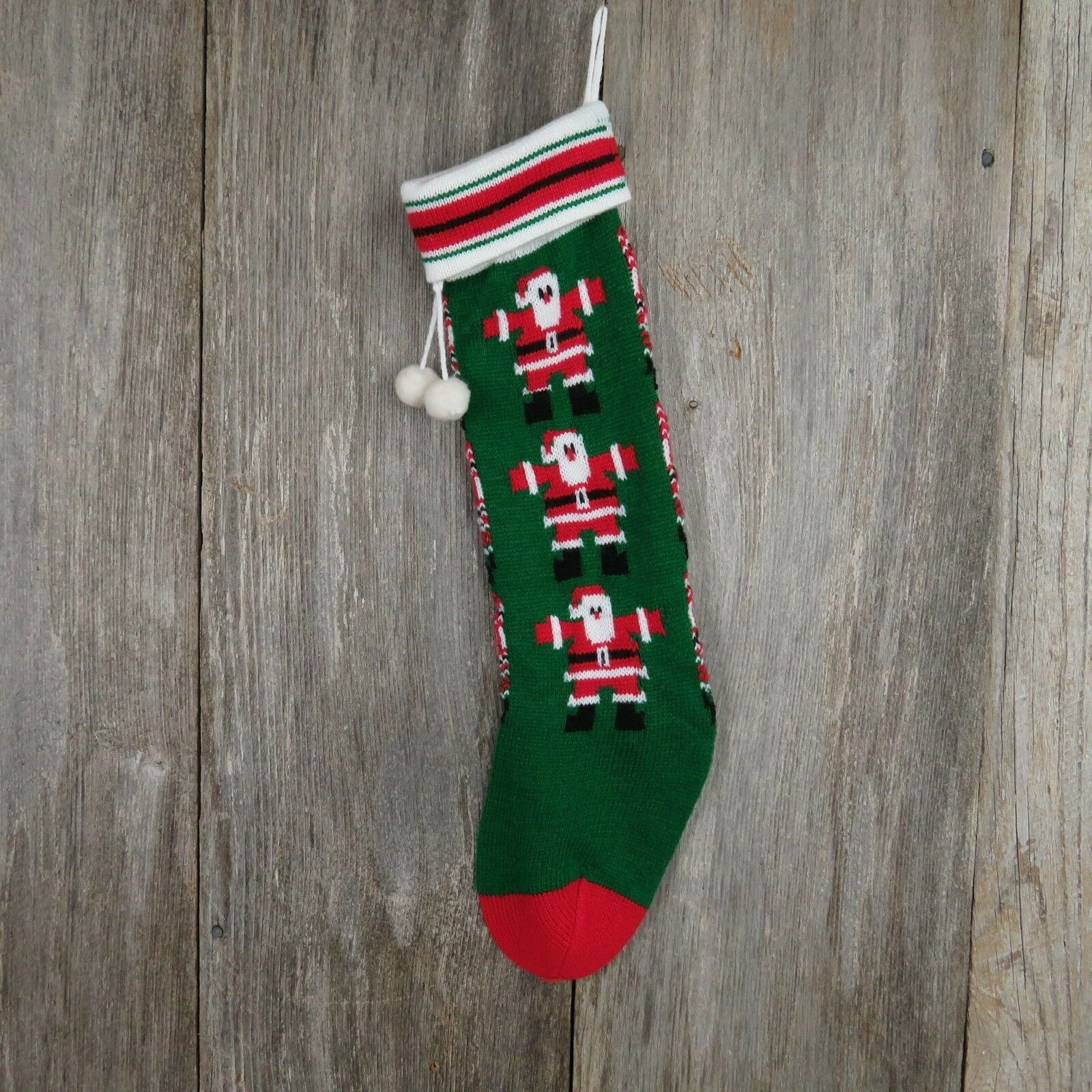 Vintage Santa Claus Stocking Striped Christmas Knitted Knit Green Red White - At Grandma's Table