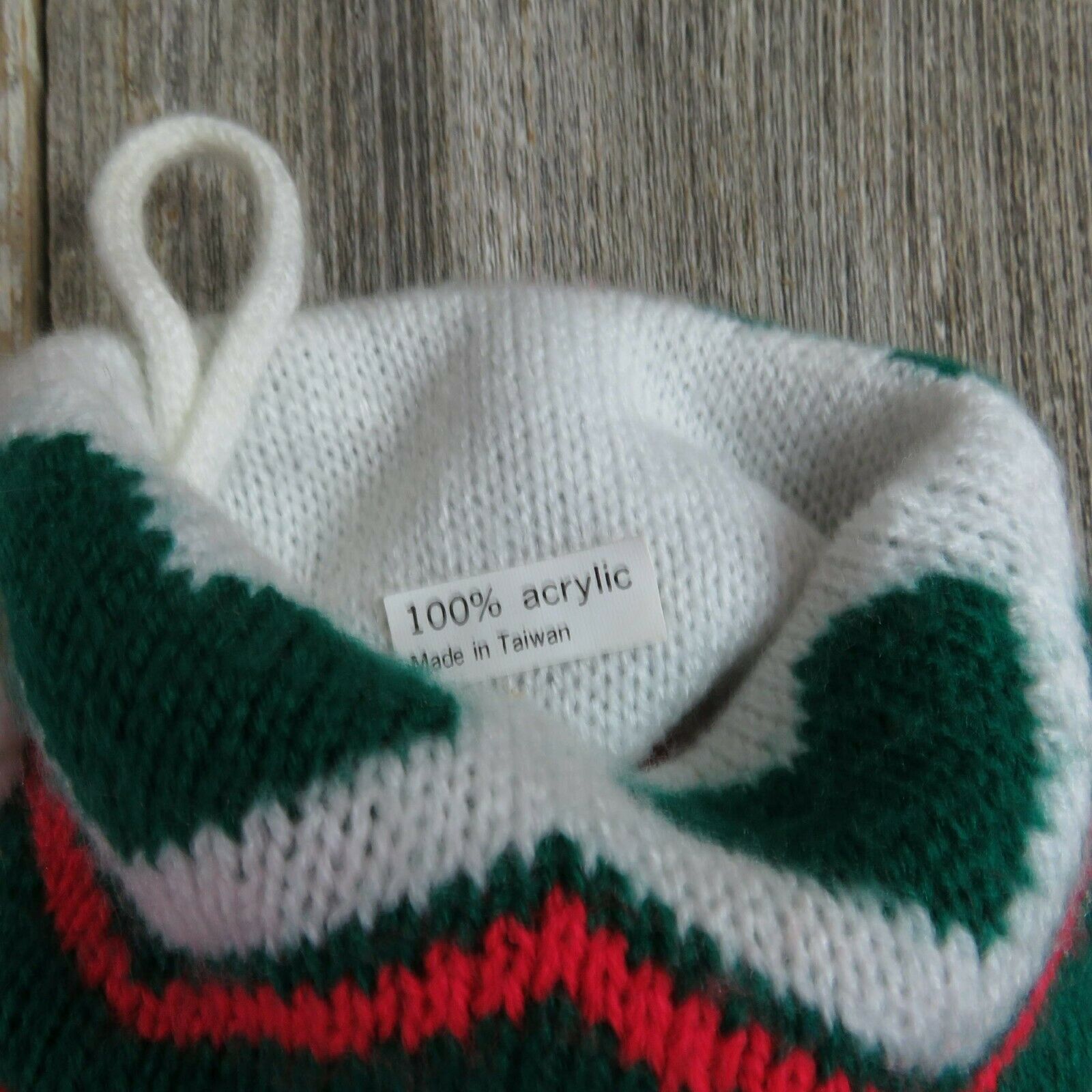 Vintage HO HO HO Stocking Knitted Knit Green Red Heart Christmas Pom Pom - At Grandma's Table