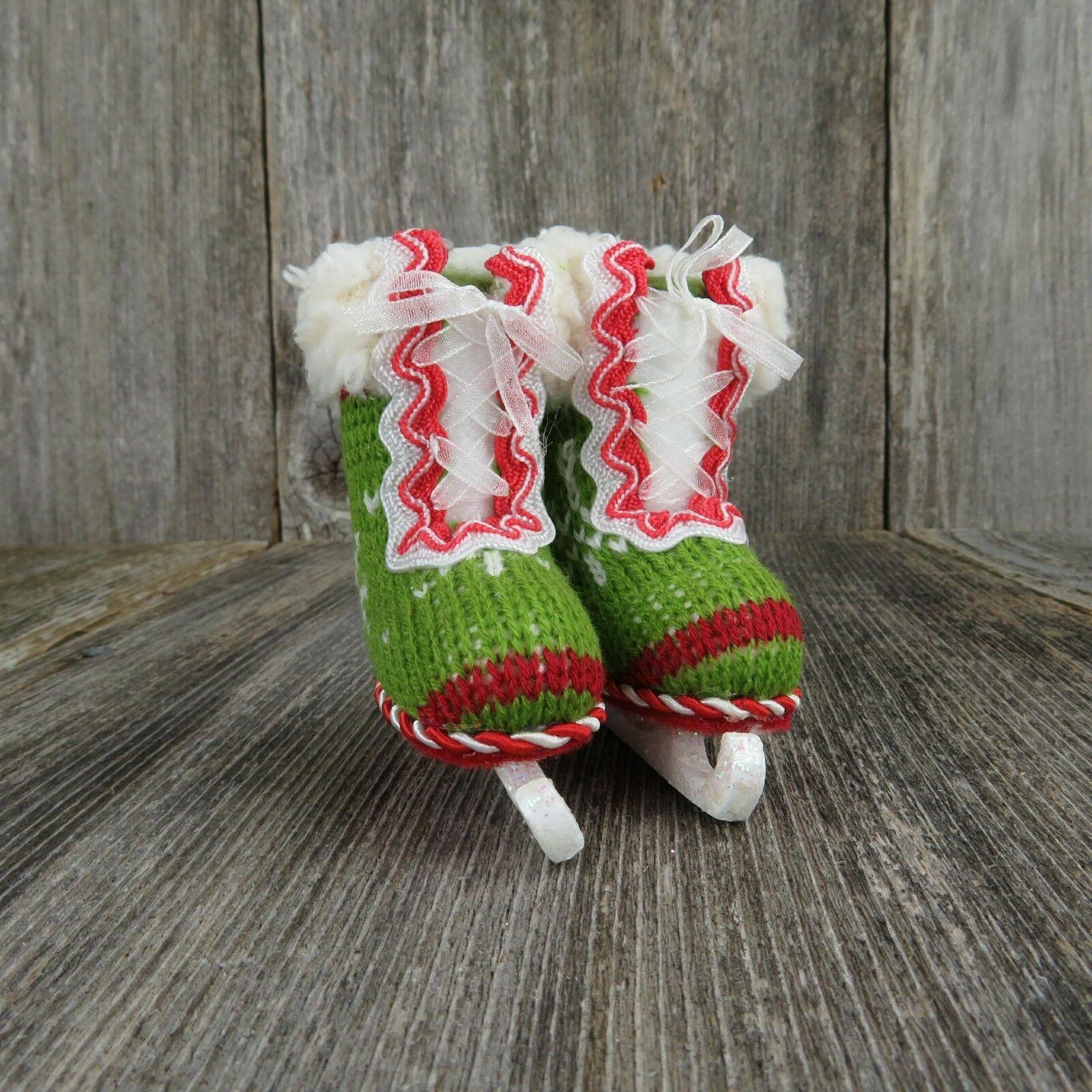 Vintage Ice Skates Ornament Knit Wood Stocking Rustic Old World Green Red White - At Grandma's Table