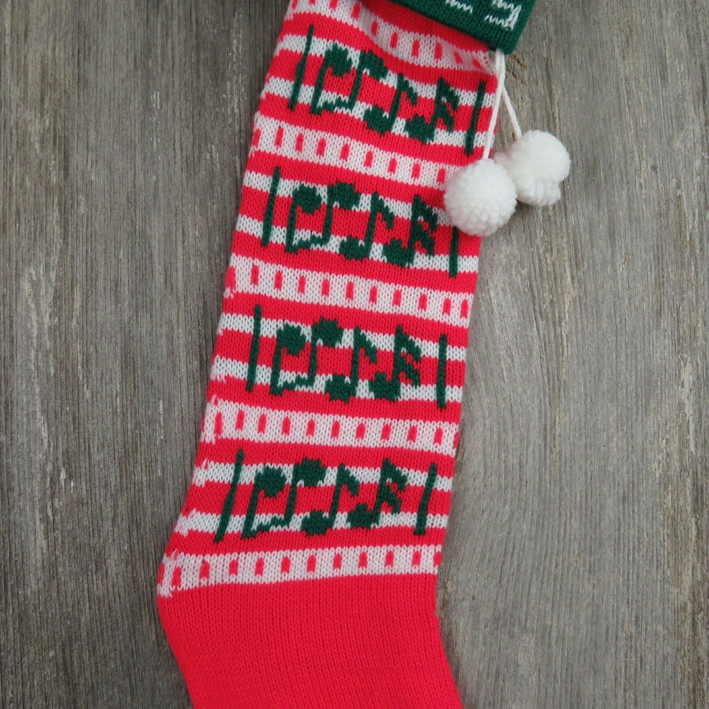Vintage Jingle Bells Stocking Striped Christmas Knitted Knit Green Red White - At Grandma's Table
