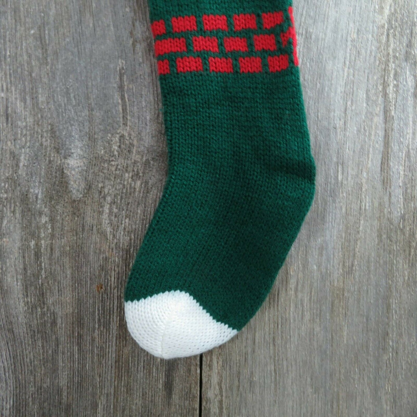 Vintage Santa Claus Stocking Knitted Knit Green Red White Christmas Pom Pom - At Grandma's Table