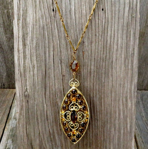 Vintage Rhinestone Necklace Tear Drop Amber Color Boho Gypsy Bohemian 60s Retro Jewelry - At Grandma's Table