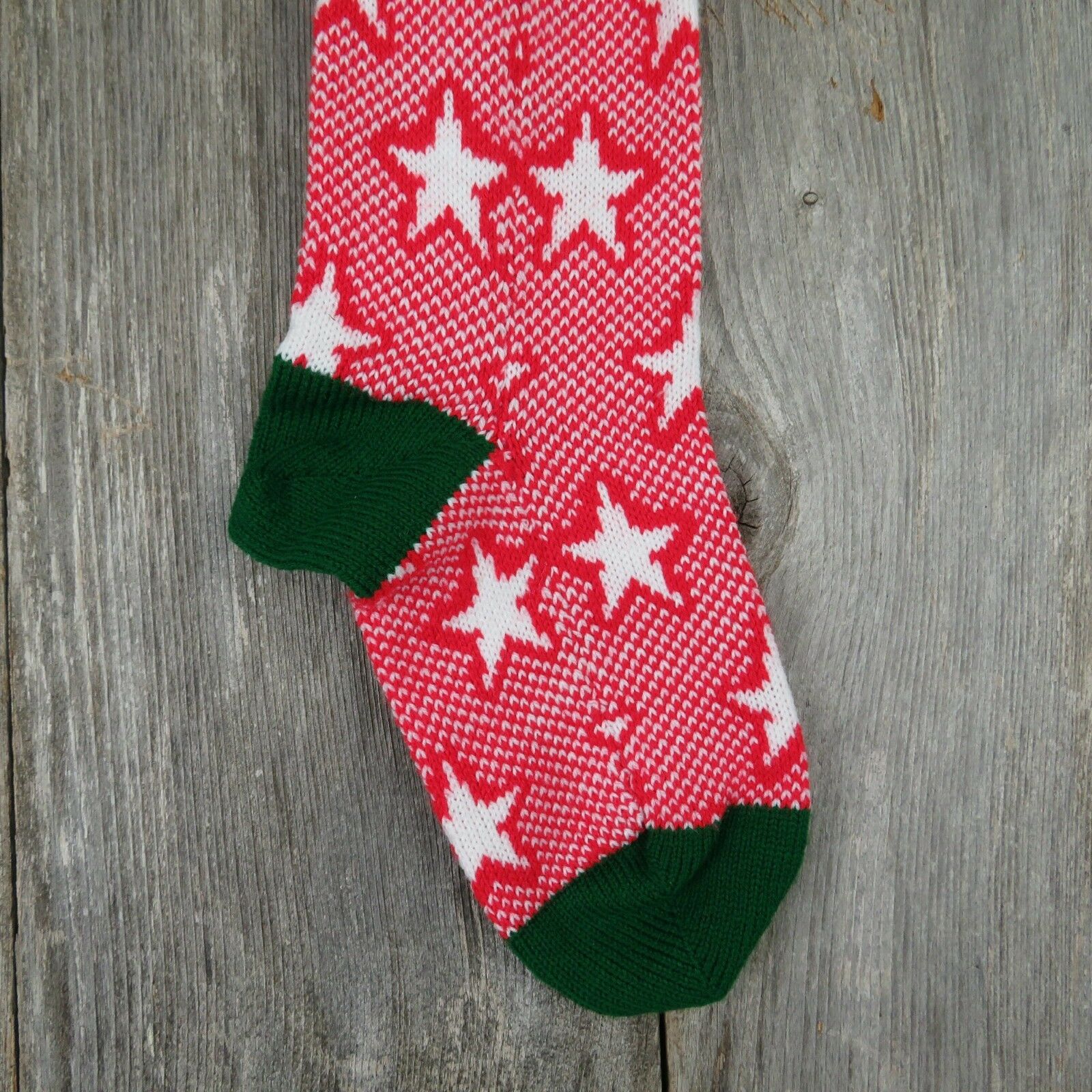 Vintage Christmas Stocking Stars Knitted Knit Green Red White Large ST36 - At Grandma's Table