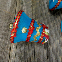 Load image into Gallery viewer, Vintage Flocked Bell Ornament Christmas Ribbon Blue Felt Rickrack Japan Set - At Grandma&#39;s Table