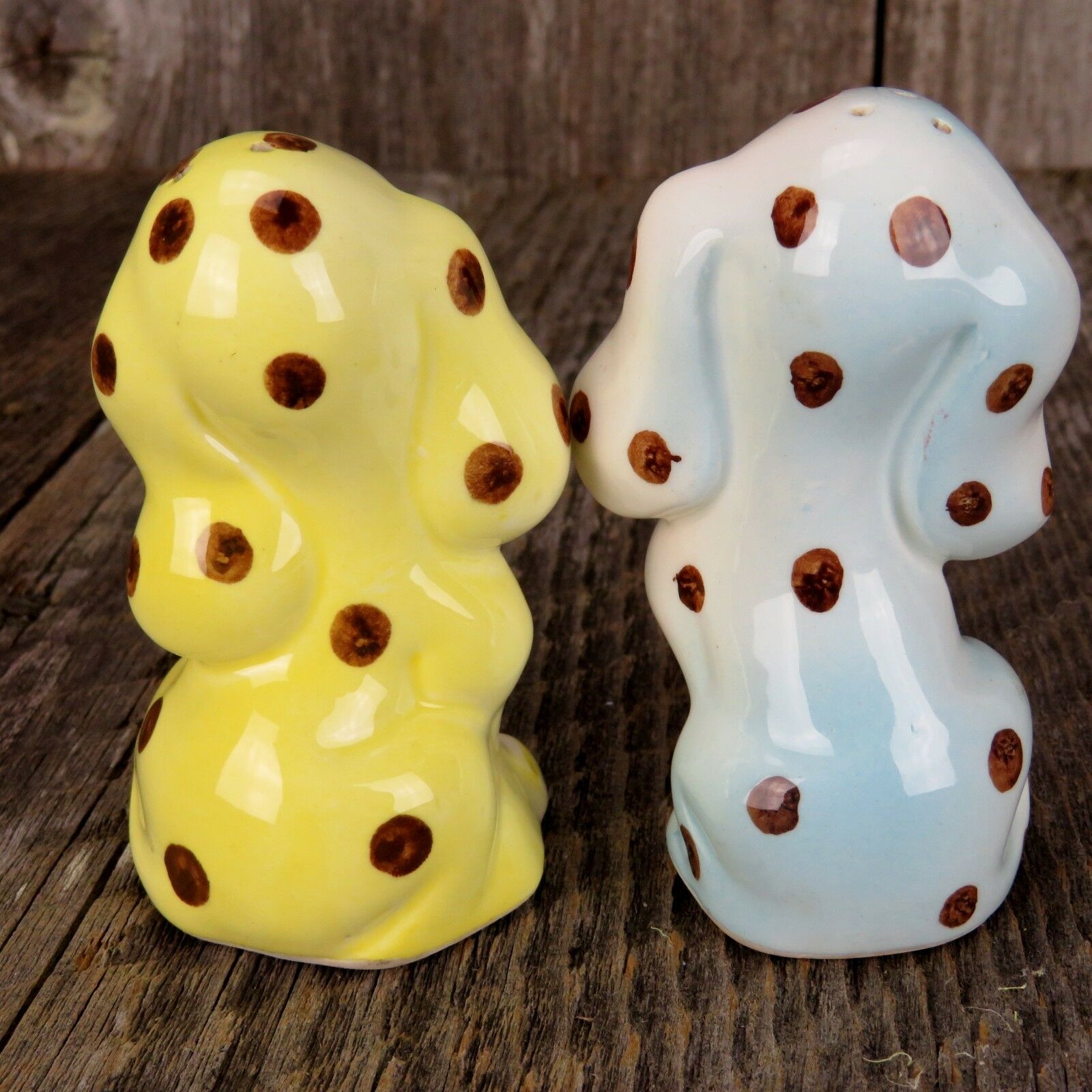 Dog Salt and Pepper Shakers Vintage Porcelain Yellow Blue Spots Japan 1950’s Figurine - At Grandma's Table