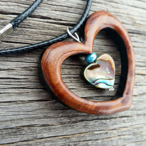 Wood Pendant Shell Necklace Redwood Burl & Abalone Heart Handmade Jewelry Calif - At Grandma's Table