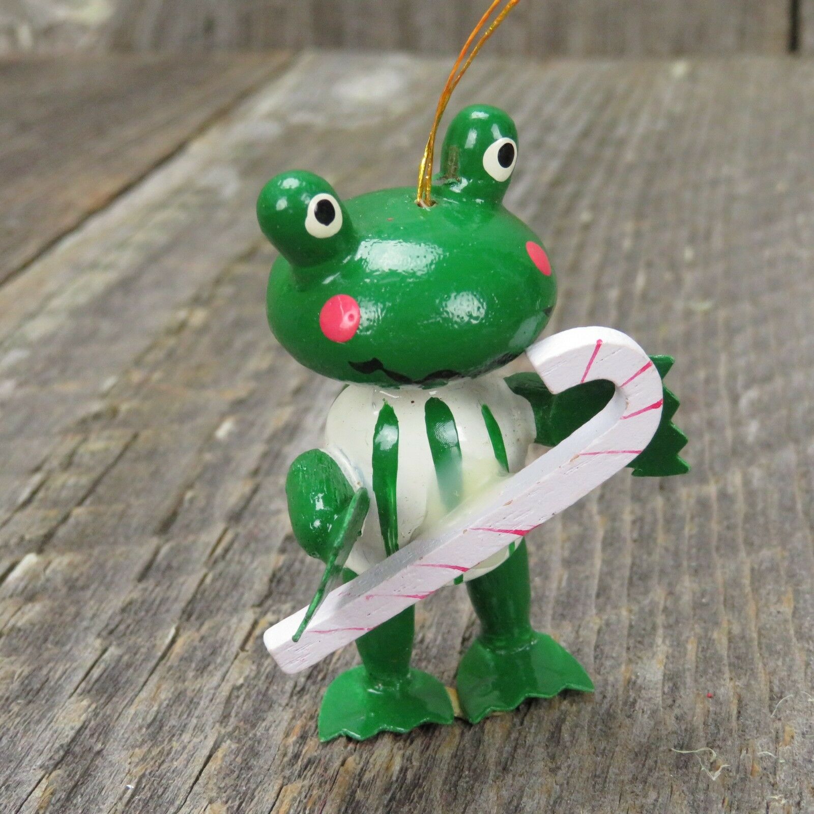 Vintage Frog Toad Ornament Wooden Christmas Wood Green Candy Cane Sled Set - At Grandma's Table