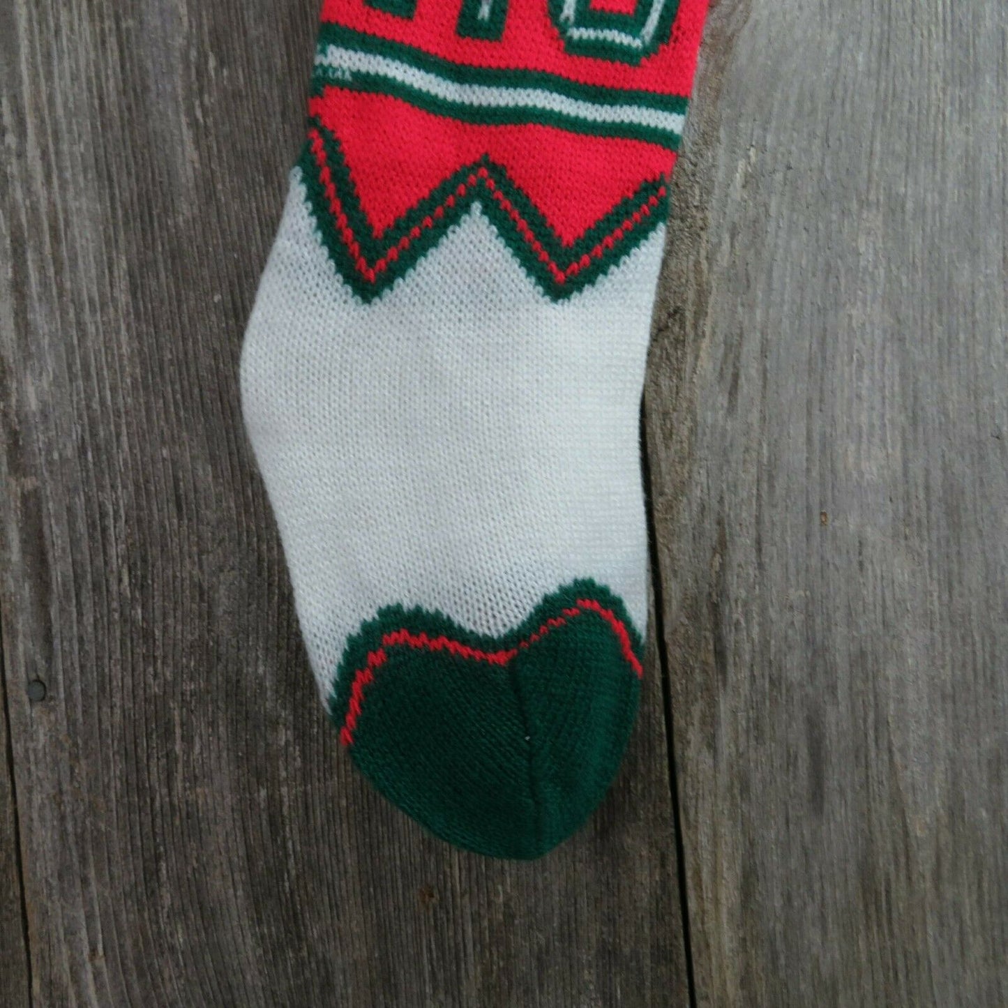 Vintage HO HO HO Stocking Knitted Knit Green Red Heart Christmas Pom Pom - At Grandma's Table