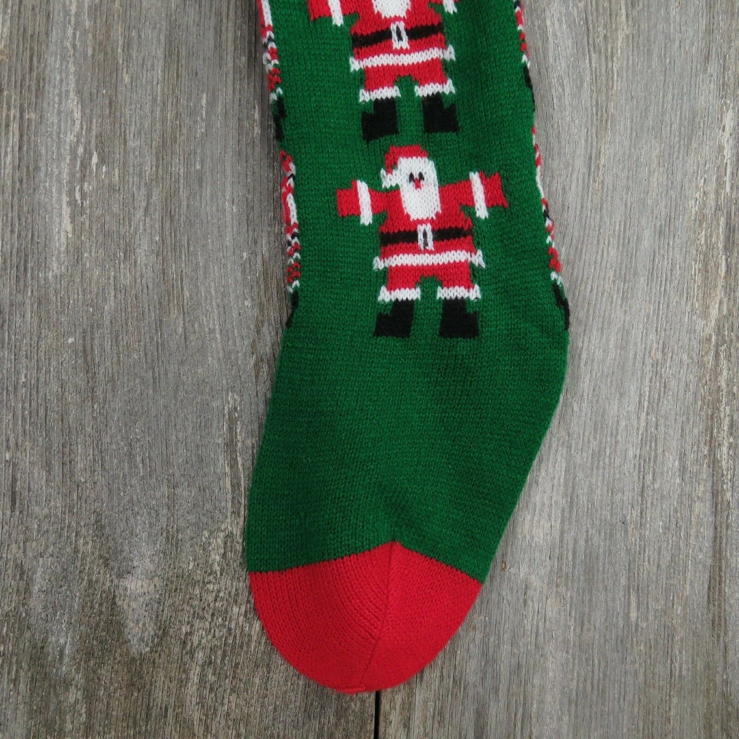 Vintage Santa Claus Stocking Striped Christmas Knitted Knit Green Red White - At Grandma's Table