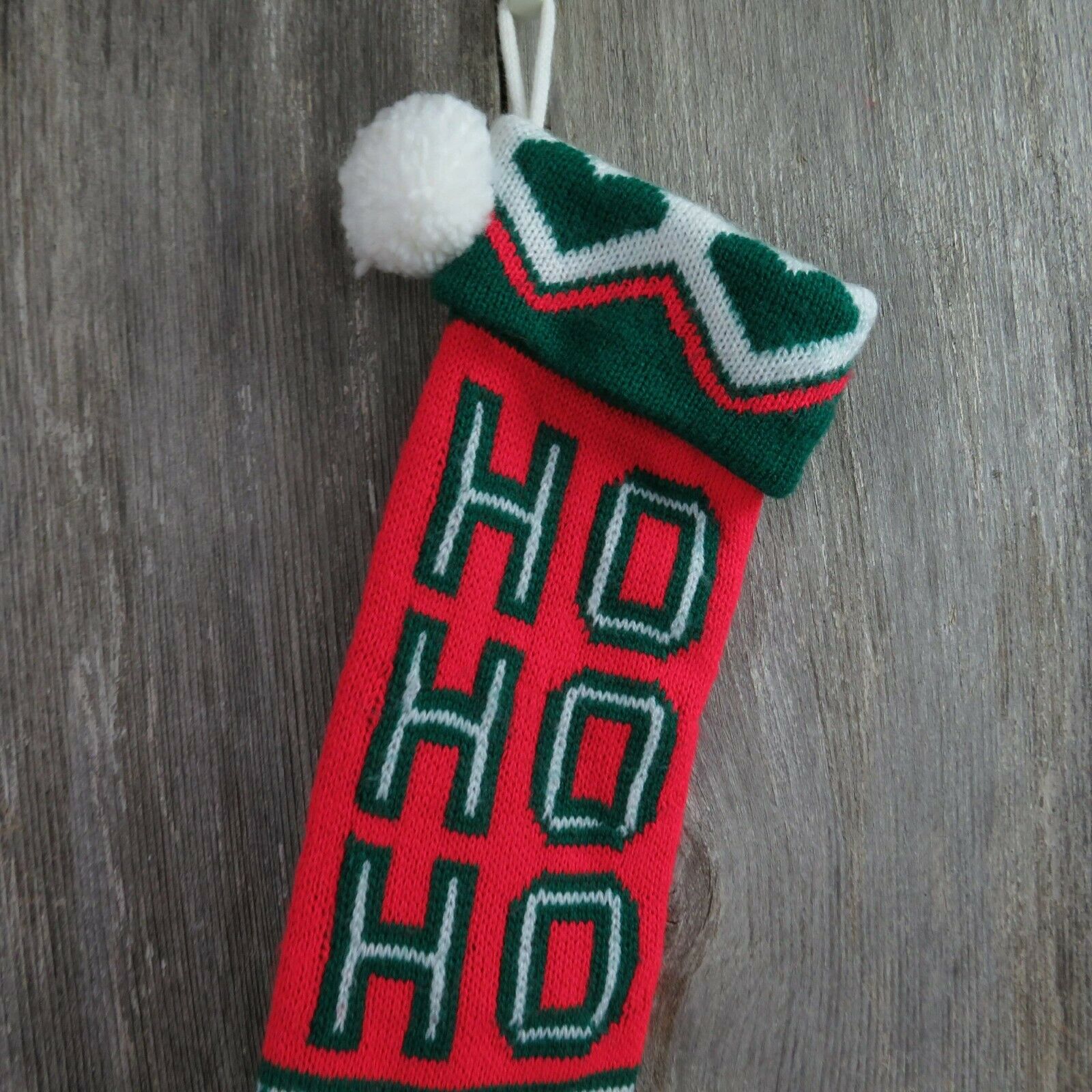 Vintage HO HO HO Stocking Knitted Knit Green Red Heart Christmas Pom Pom - At Grandma's Table