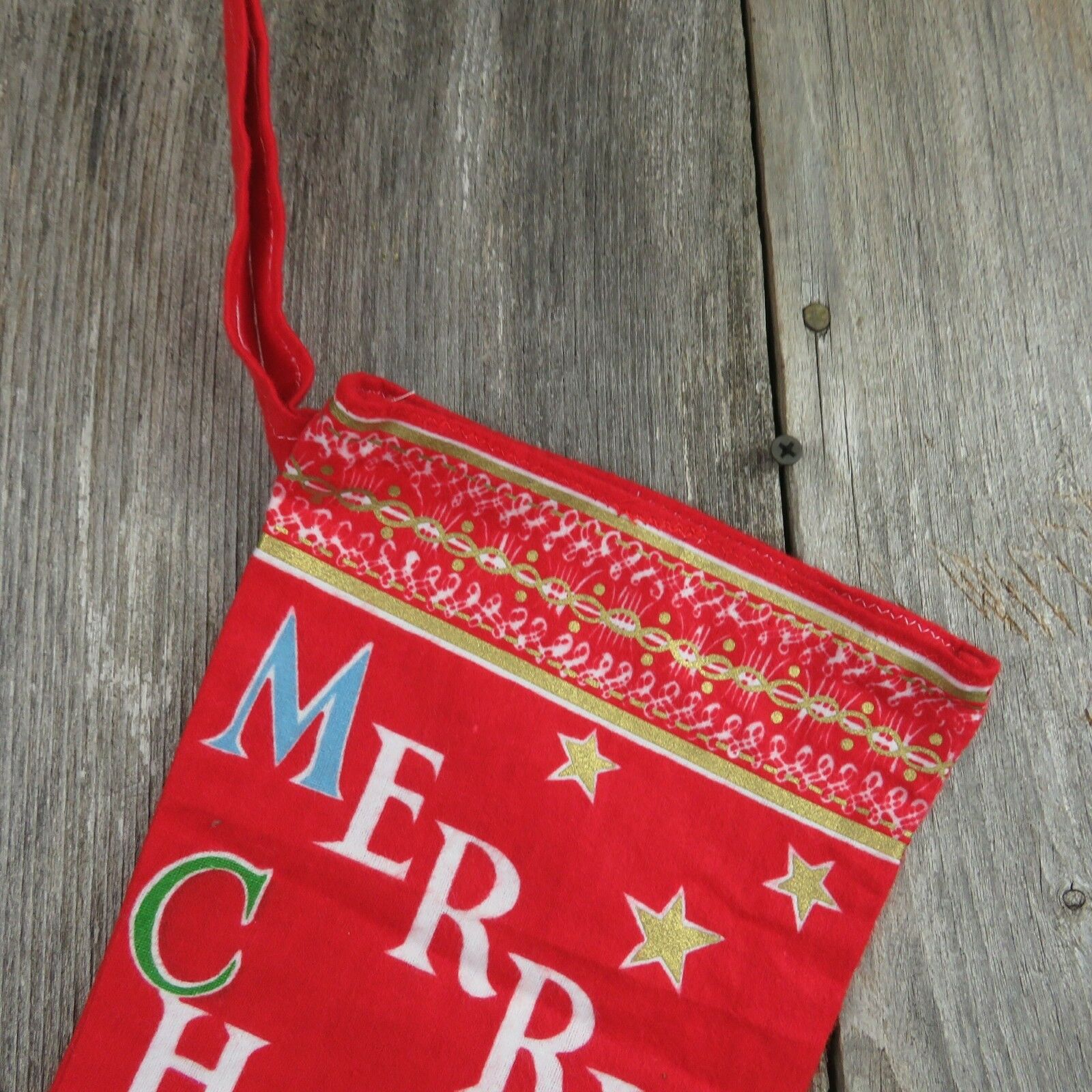 Vintage Angel Tree Stocking Merry Christmas Fabric Flannel Candy Cane Stars Red - At Grandma's Table