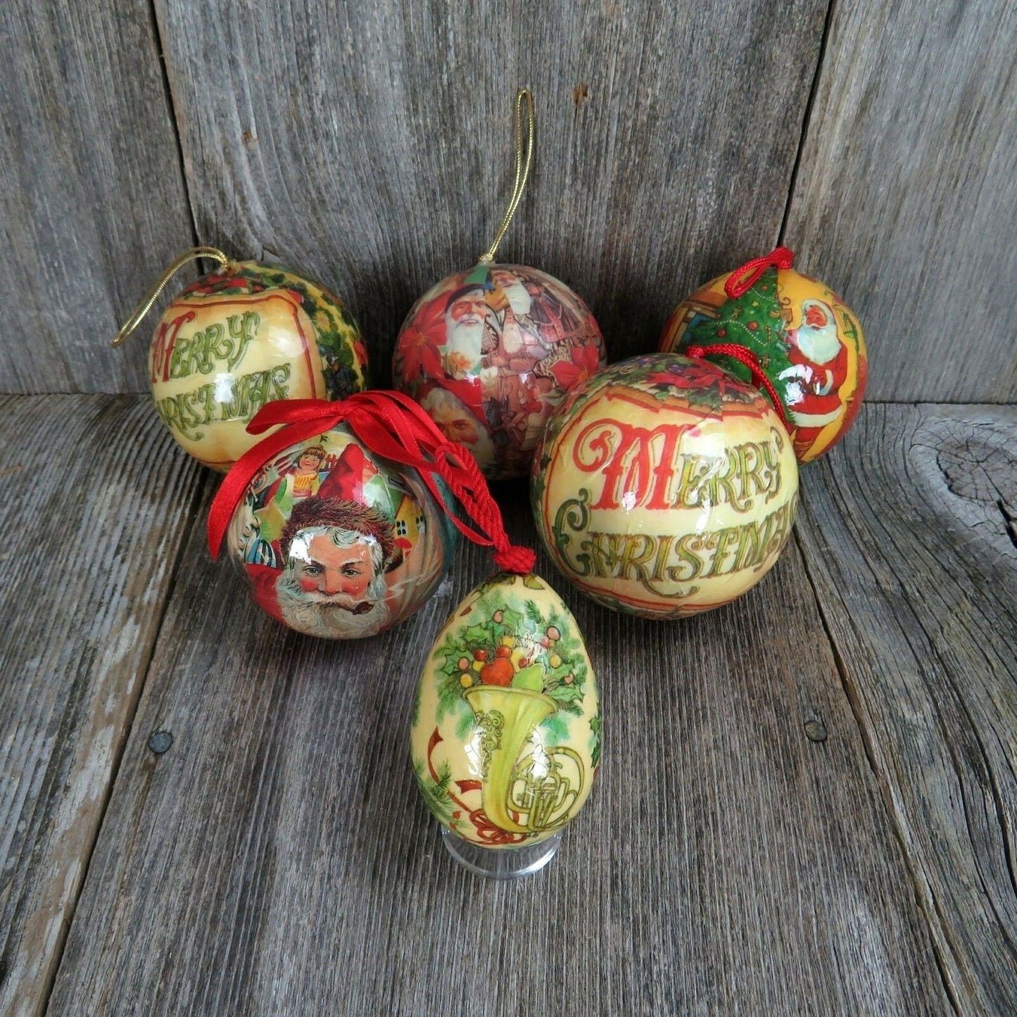 Vintage Paper Mache Ball Ornament Santa Merry Christmas Decoupage Lot Set Egg - At Grandma's Table