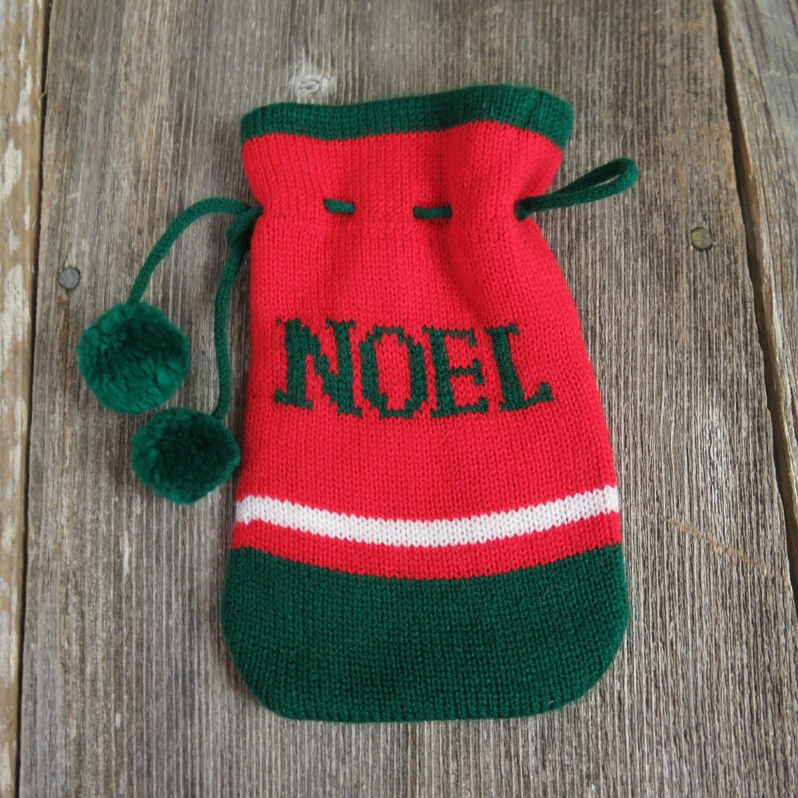 Vintage Noel Striped Santa Sack Bag Stocking Knit Christmas Green Red White st42 - At Grandma's Table