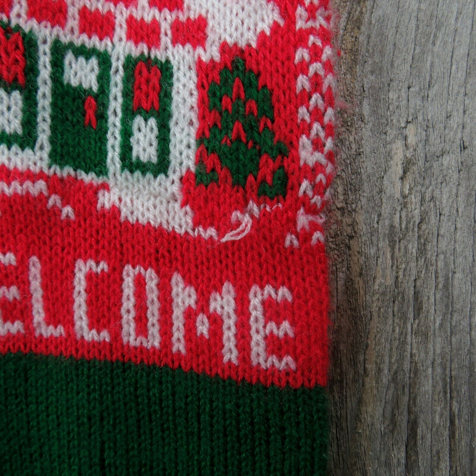 Vintage New House Stocking Knit Welcome Home Knitted Red Green 1980s - At Grandma's Table