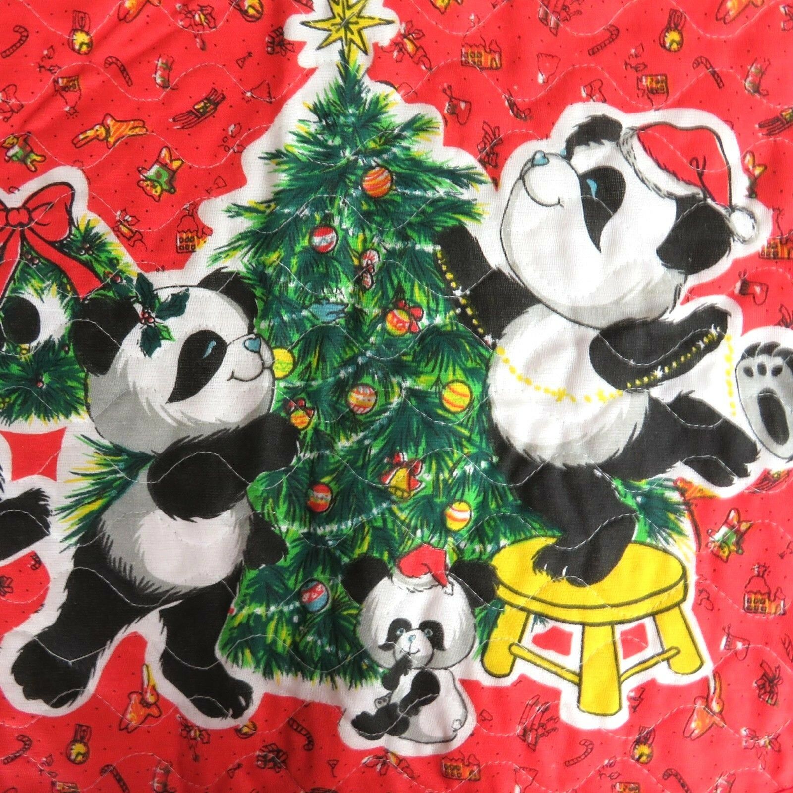 Vintage Panda Bear Christmas Tree Skirt Red Quilted Printed Red Green - At Grandma's Table