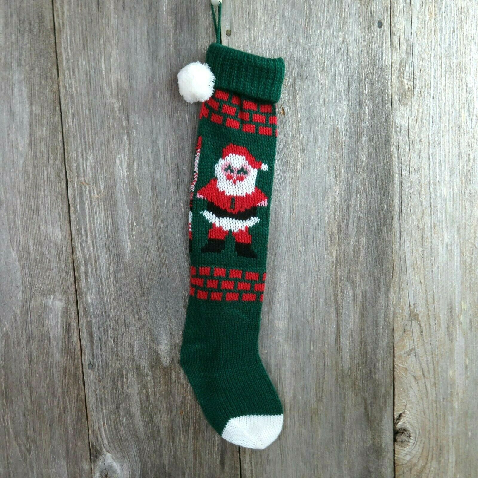 Vintage Santa Claus Stocking Knitted Knit Green Red White Christmas Pom Pom - At Grandma's Table