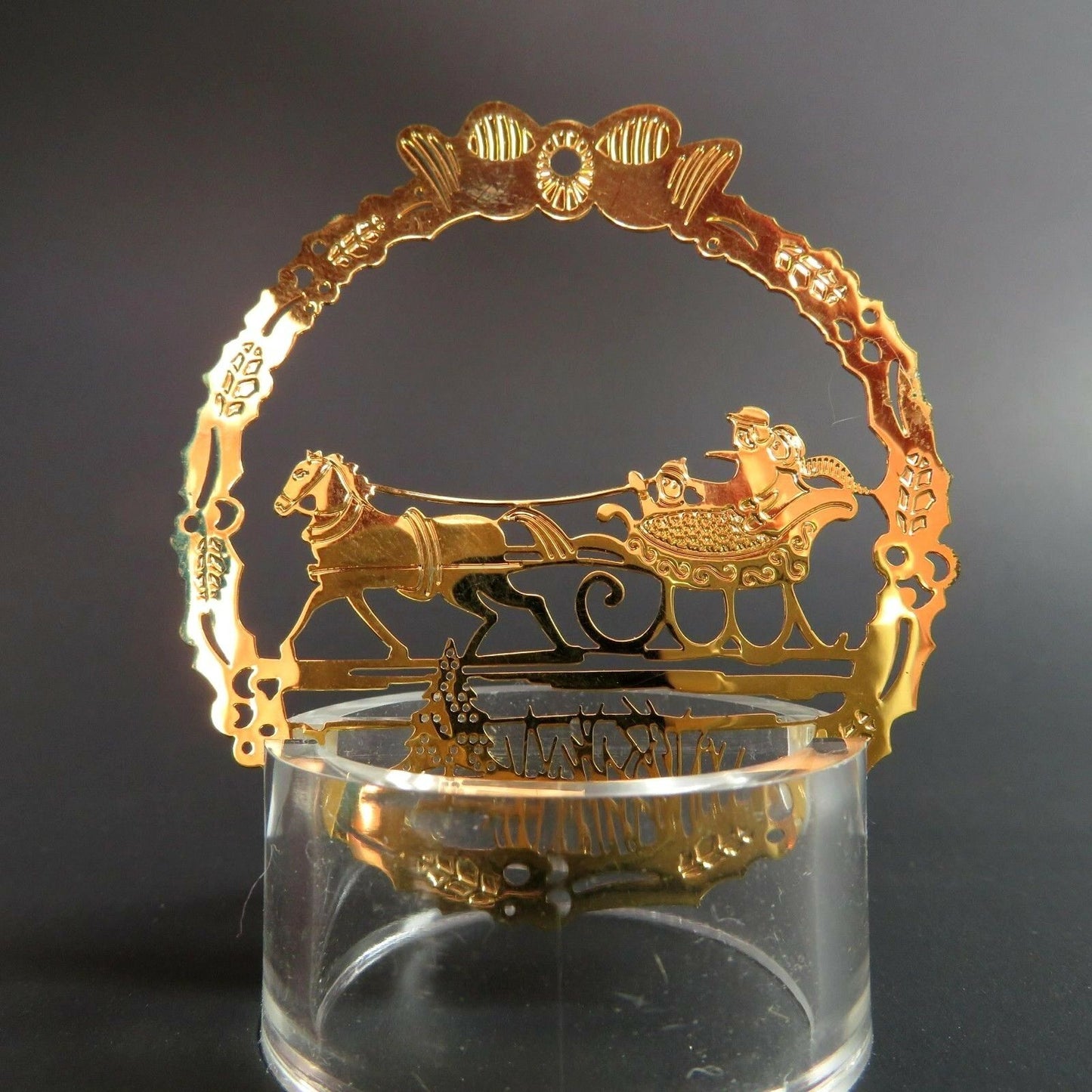 Vintage Sleigh Ride Christmas Ornament Hallmark Gold Metal Etched Embossed Scene - At Grandma's Table