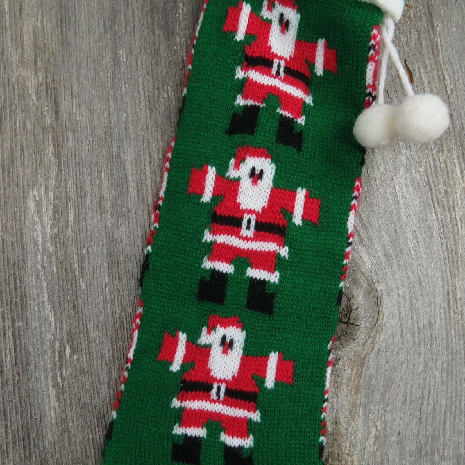 Vintage Santa Claus Stocking Striped Christmas Knitted Knit Green Red White - At Grandma's Table