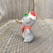 Load image into Gallery viewer, Vintage Flocked Mouse Ornament Christmas Horn Red White Holly Scarf Hat - At Grandma&#39;s Table