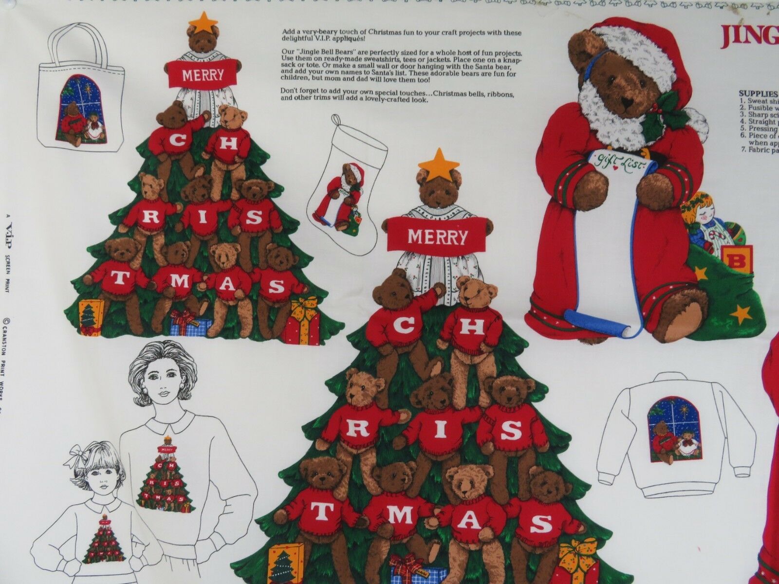 Vintage Fabric Applique Panel Teddy Bear Christmas Cut Sew Cranston Jingle Bell - At Grandma's Table