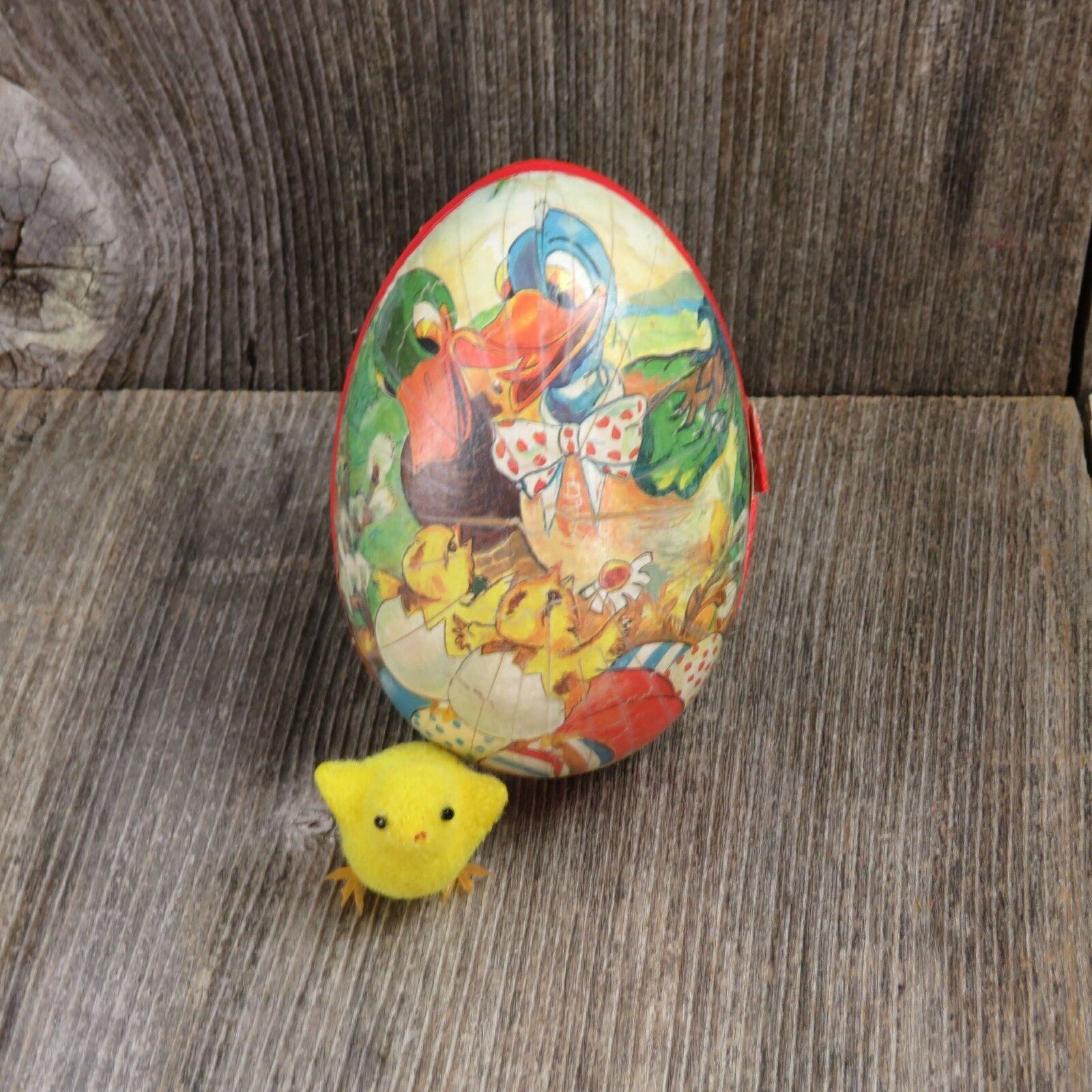 Vintage Easter Egg Paper Mache Candy Holder Container with Chick Toy - At Grandma's Table