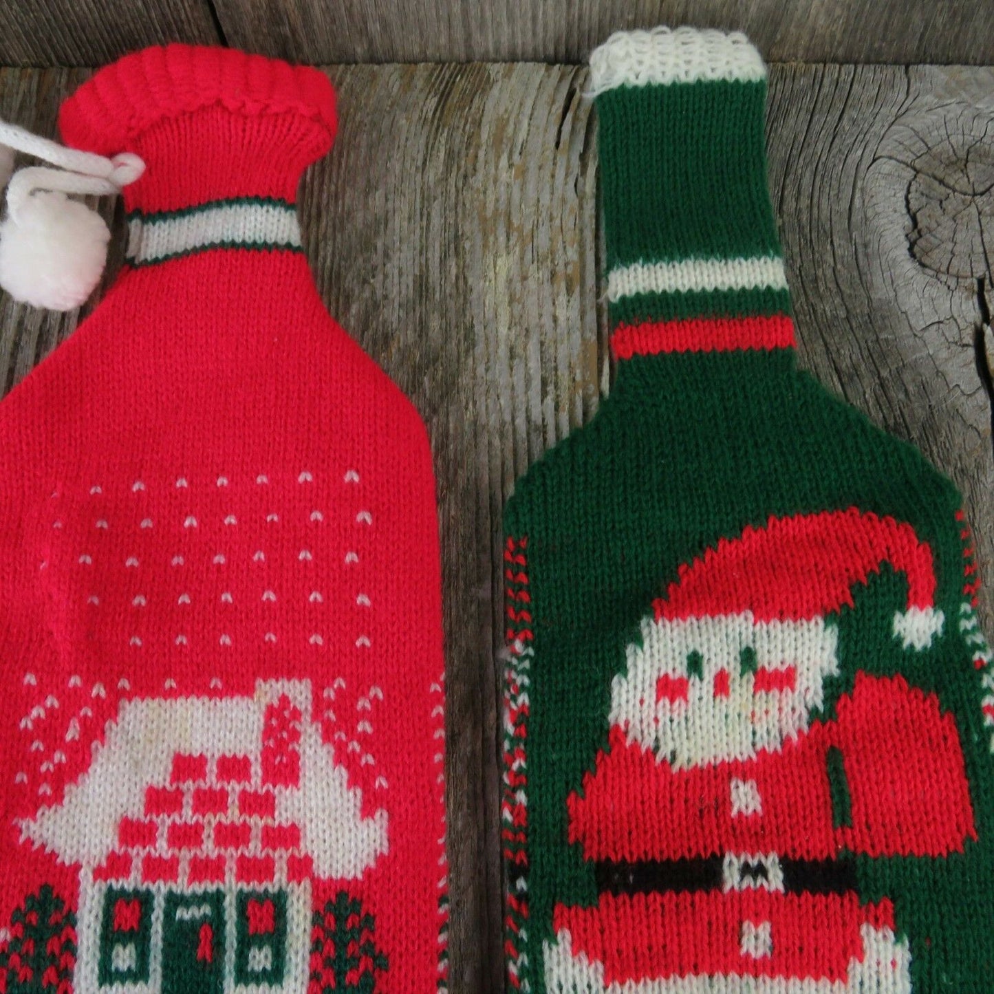 Vintage Christmas Stocking Bottle Covers Tote Red White Green Knitted Gift - At Grandma's Table