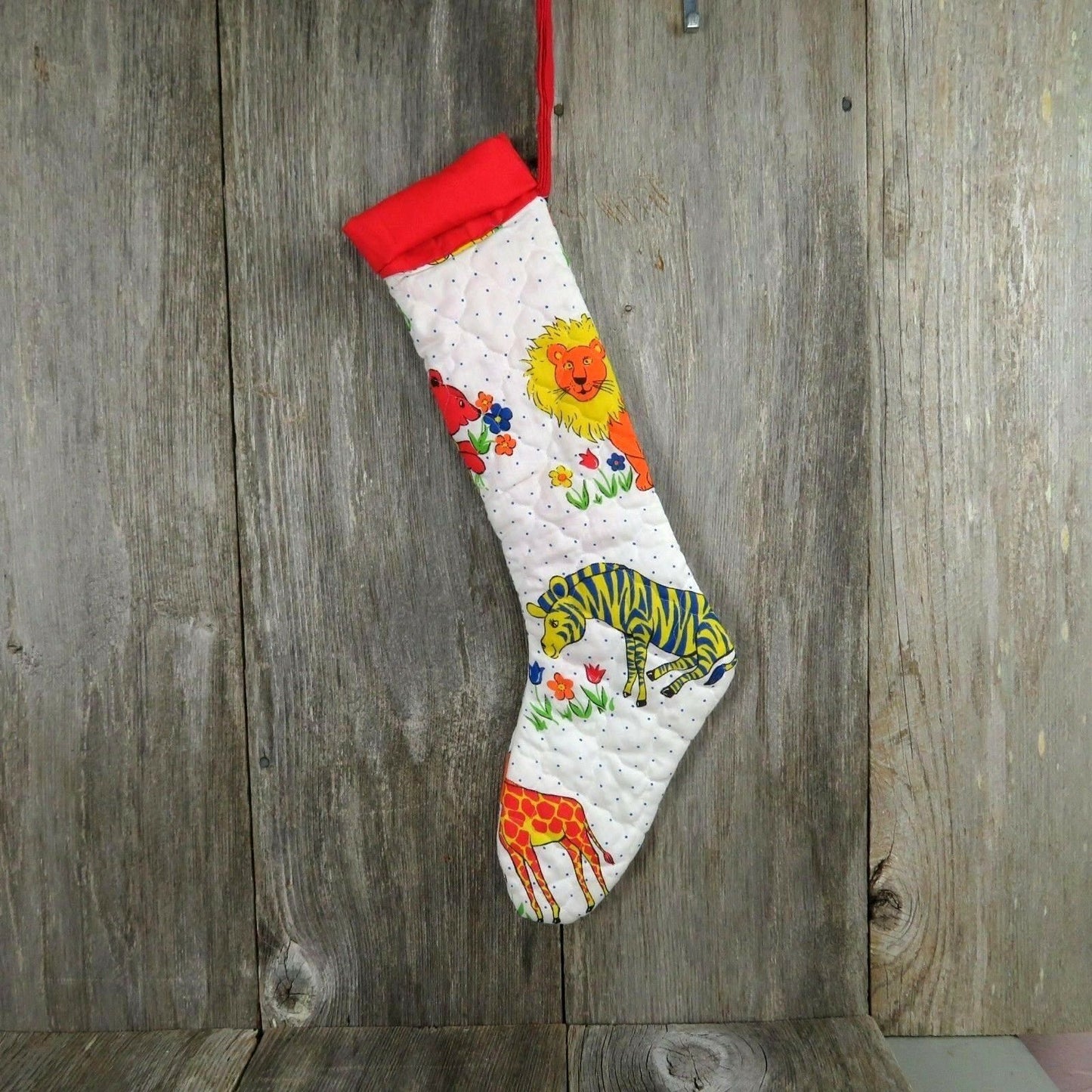 Vintage Christmas Stocking Quilted Jungle Animals Handmade Fabric Lion Tiger - At Grandma's Table