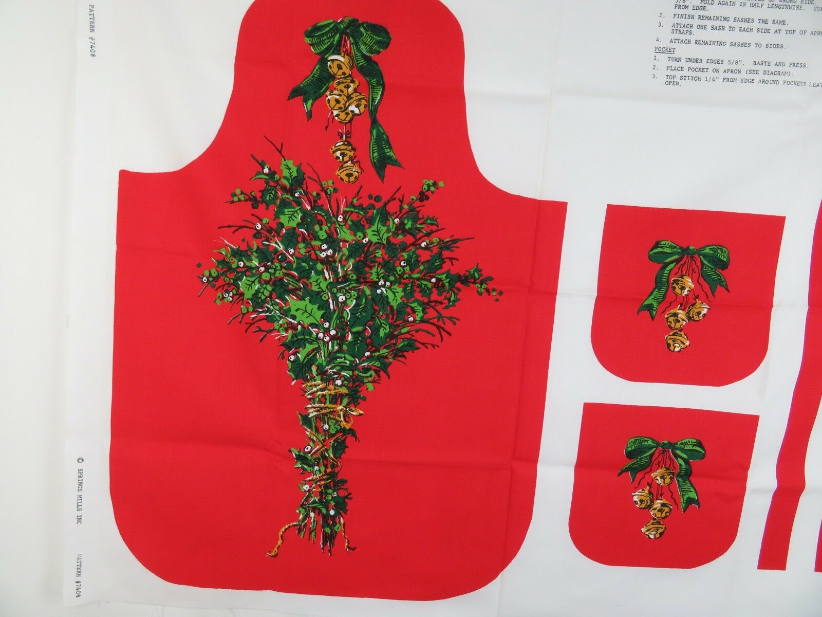 Vintage Apron Cut Sew Fabric Panel Christmas Holiday Red Holly Butcher Bells - At Grandma's Table