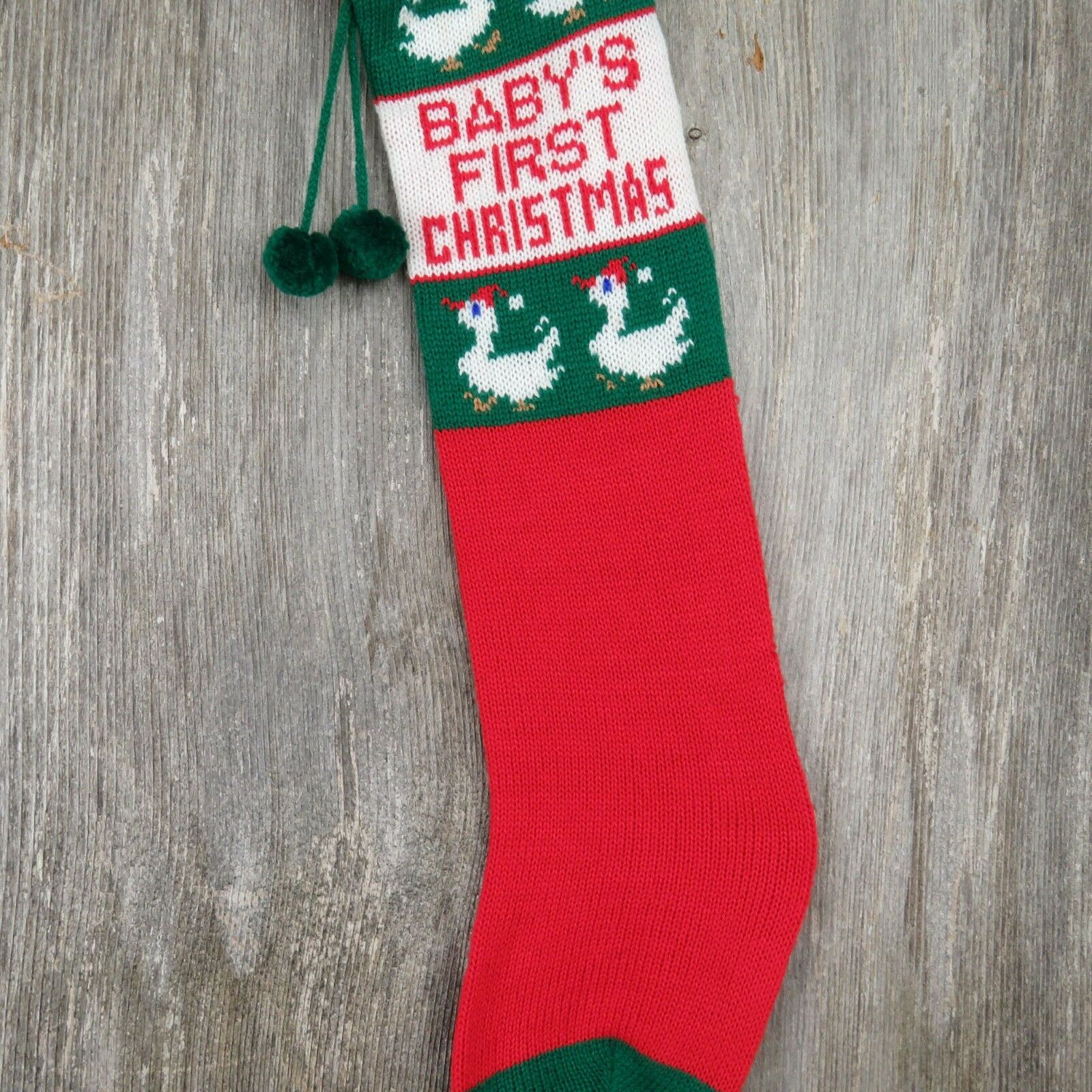 Vintage Christmas Stocking Baby First Goose Knitted Knit Green Red Geese ST38 - At Grandma's Table