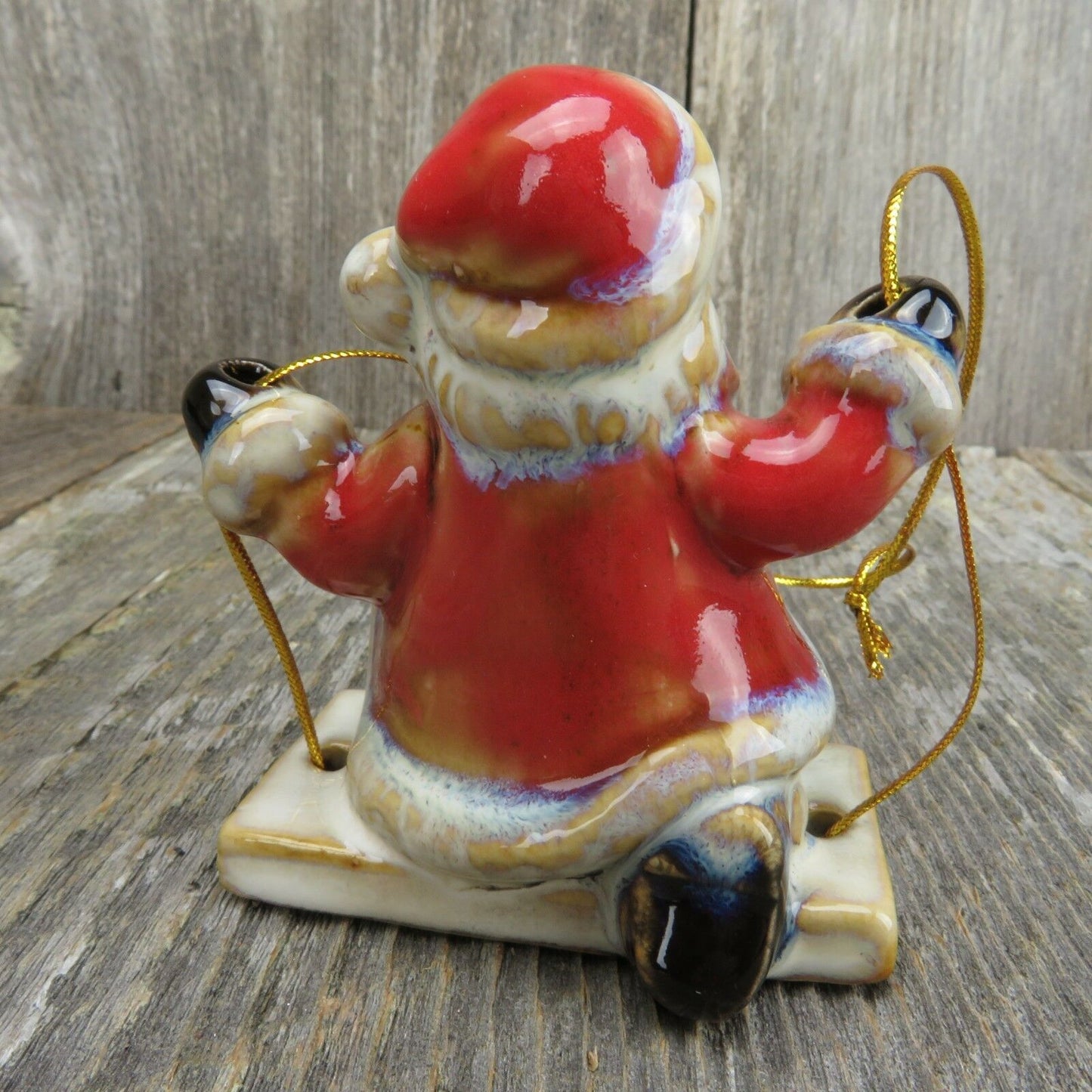 Swinging Santa Christmas Ornament Pottery Set Glazed Ceramic Red Blue Gloss - At Grandma's Table