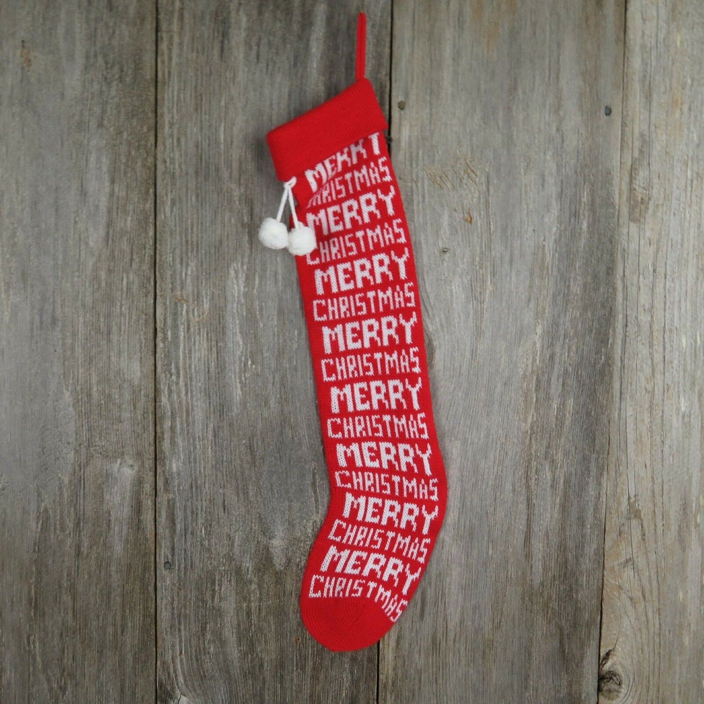 Vintage Stocking Knitted Knit Merry Christmas Red White Bold Pom Pom - At Grandma's Table