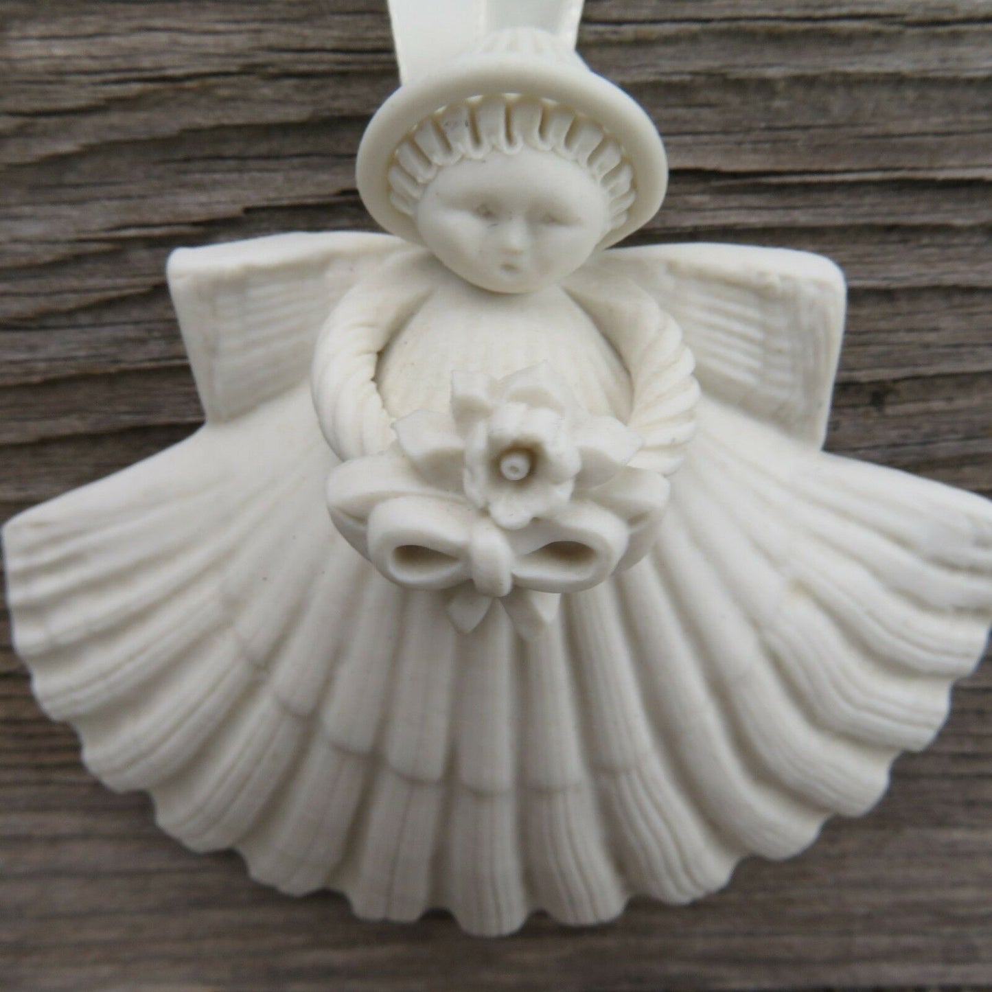 Vintage Shell Angel Christmas Ornament Margaret Furlong Iris 1997 Bisque Ceramic - At Grandma's Table