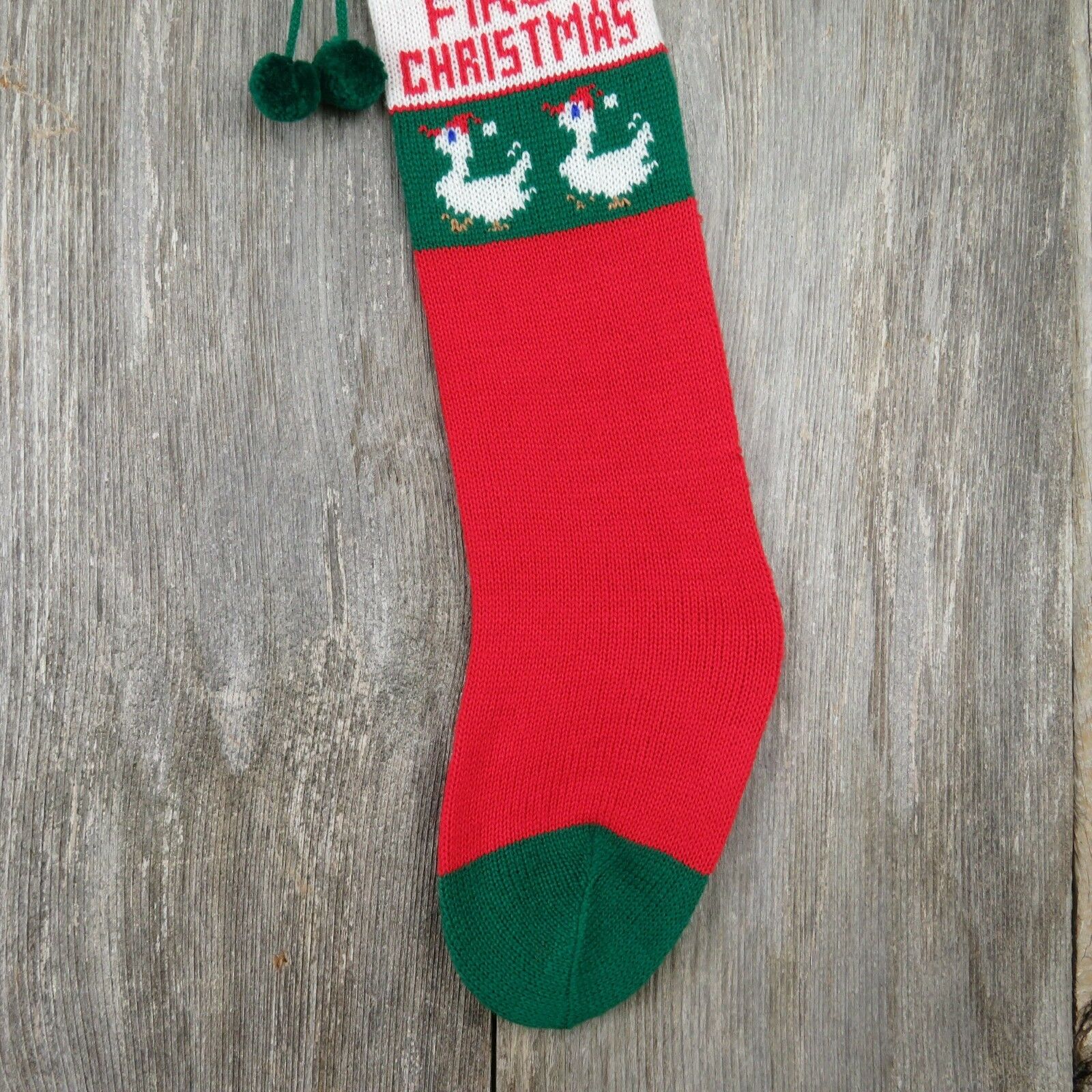 Vintage Christmas Stocking Baby First Goose Knitted Knit Green Red Geese ST38 - At Grandma's Table