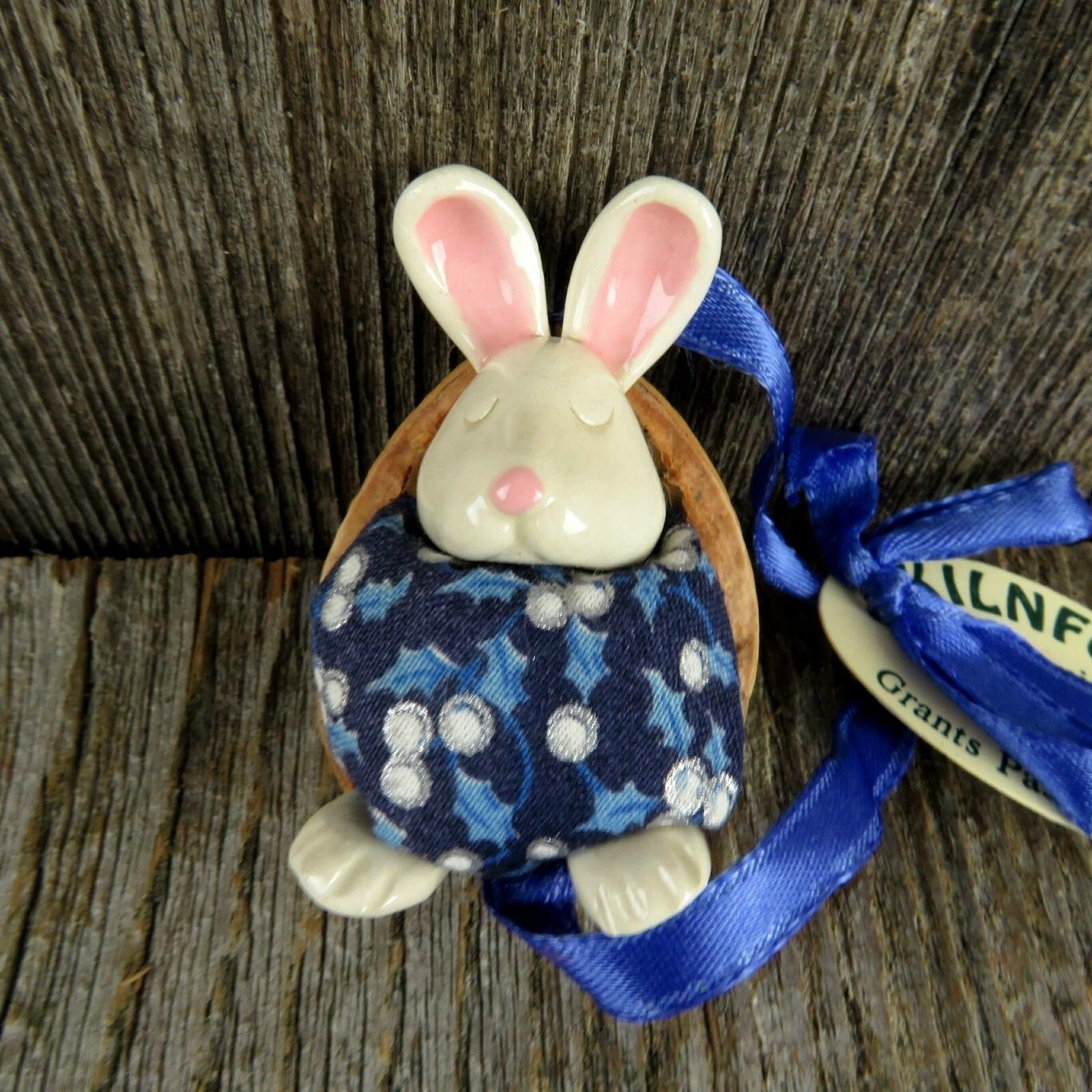 Vintage Bunny Rabbit Baby Christmas Ornament Walnut Bed Kilnfolk Ceramic Oregon - At Grandma's Table