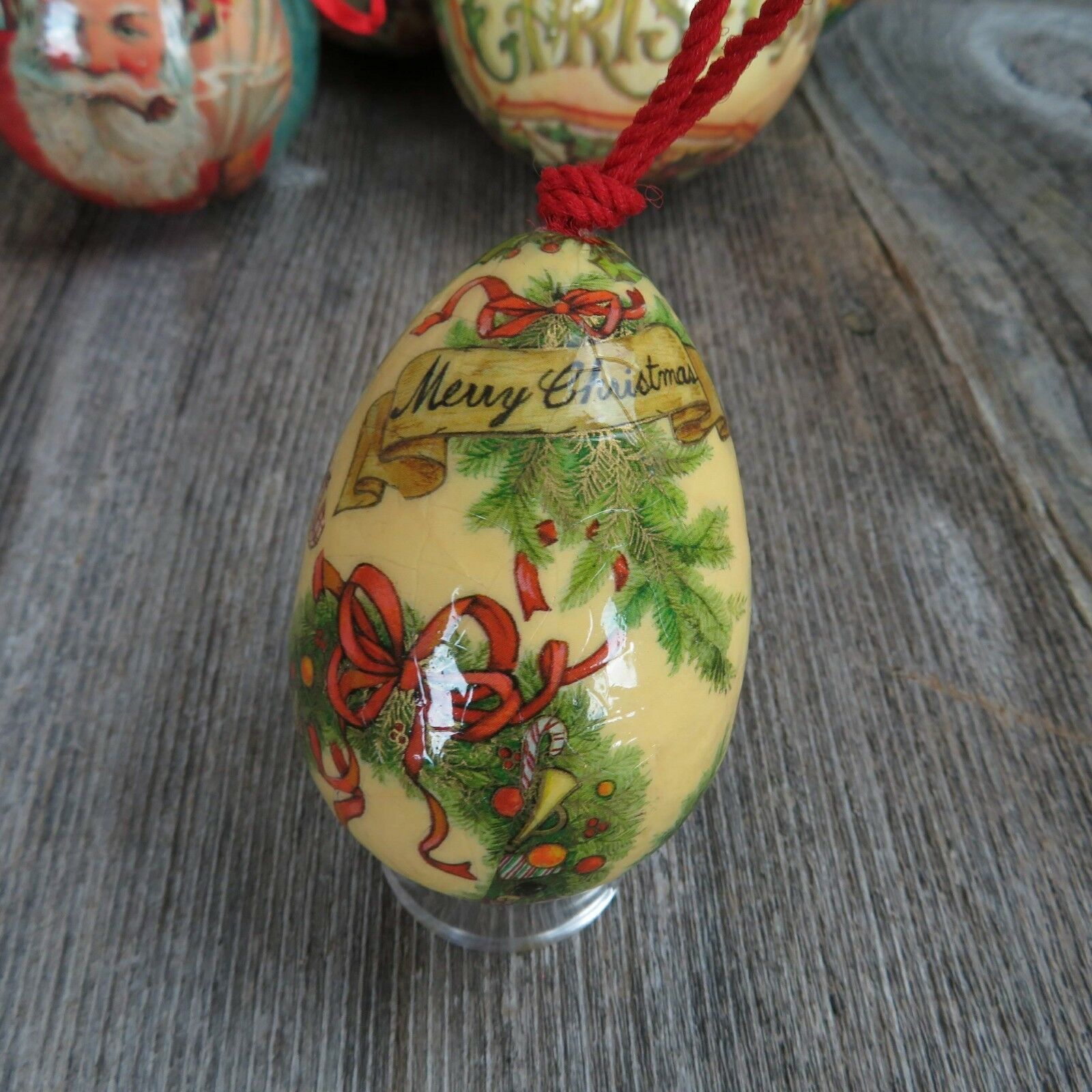 Vintage Paper Mache Ball Ornament Santa Merry Christmas Decoupage Lot Set Egg - At Grandma's Table