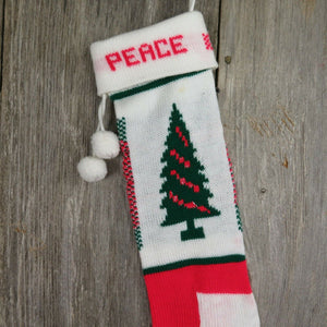 Vintage Christmas Tree Stocking Knitted Knit Peace White Red Green ST58 - At Grandma's Table