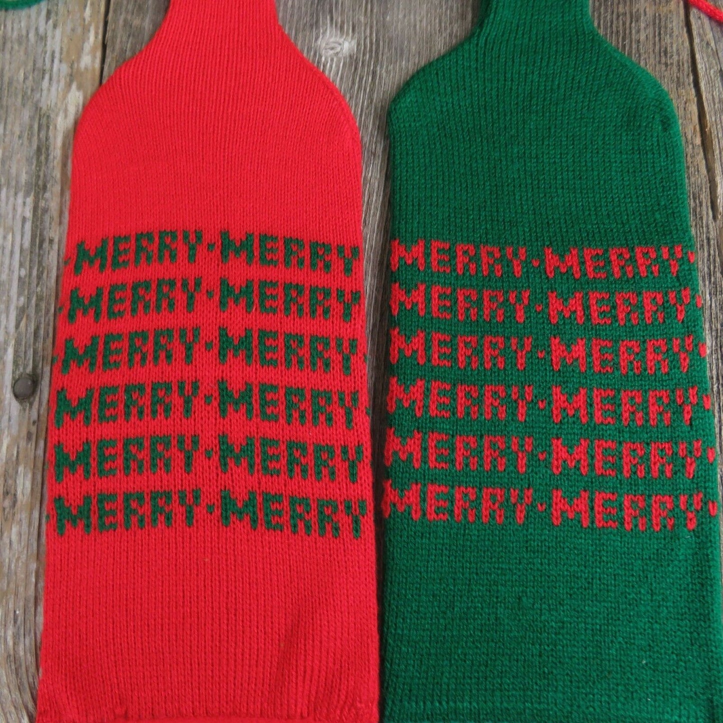 Vintage Christmas Bottle Tote Cover Knitted Stocking Department 56 Gift Bag Set - At Grandma's Table