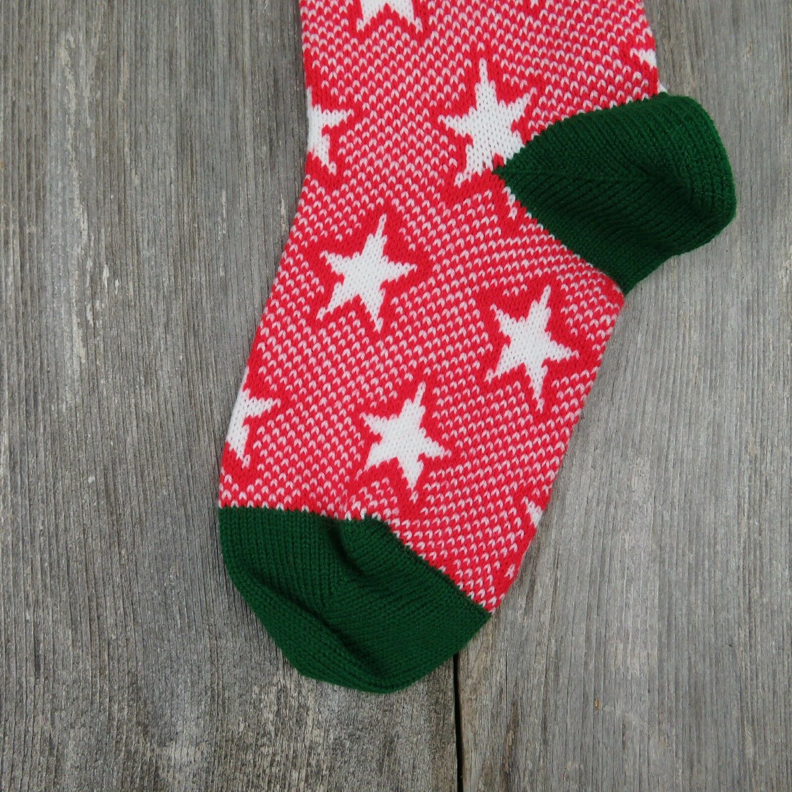 Vintage Christmas Stocking Stars Knitted Knit Green Red White Large ST36 - At Grandma's Table