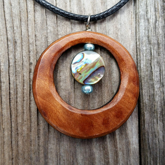 Wood Shell Pendant Necklace Redwood Burl & Abalone Handmade California Jewelry - At Grandma's Table