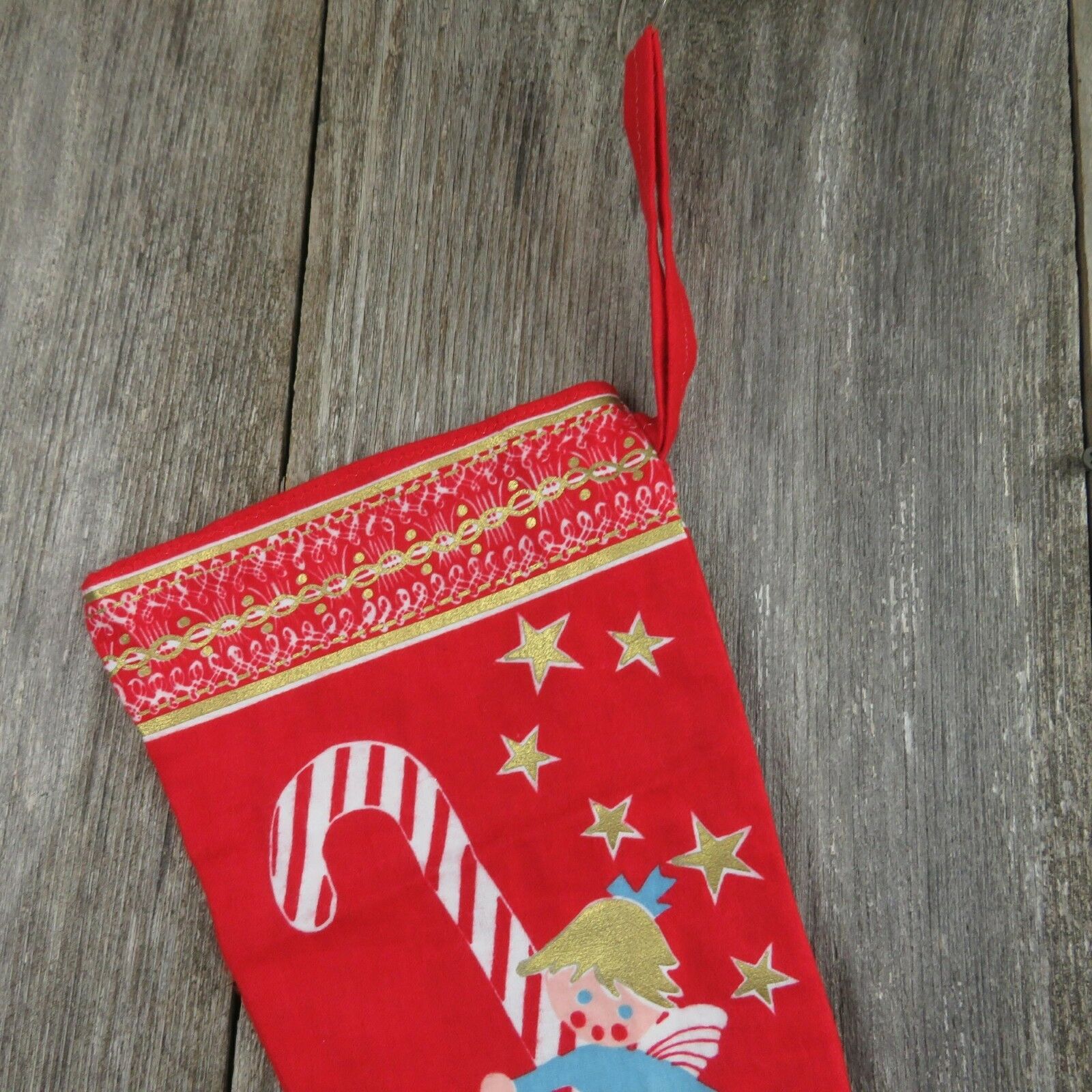 Vintage Angel Tree Stocking Merry Christmas Fabric Flannel Candy Cane Stars Red - At Grandma's Table
