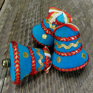 Vintage Flocked Bell Ornament Christmas Ribbon Blue Felt Rickrack Japan Set - At Grandma's Table