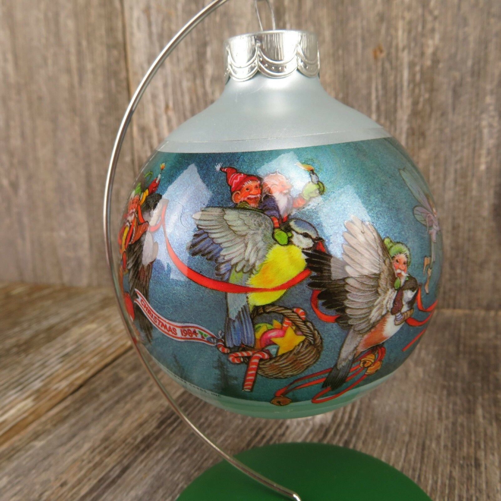 Vintage Ball Ornament Hallmark Flights of Fantasy Blue Fairy Gnome Birds Magic - At Grandma's Table